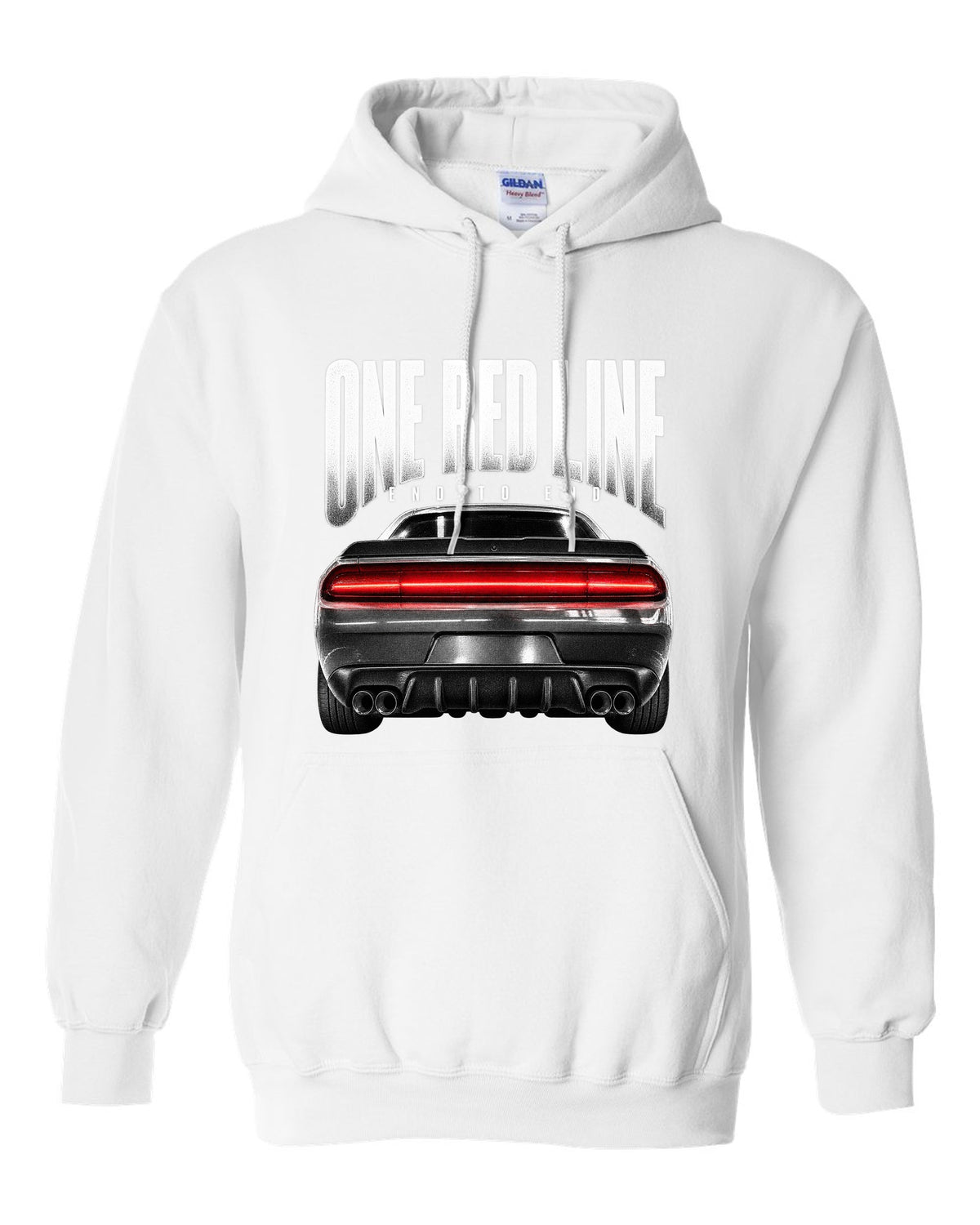 Taillight macro print of a 2015 Dodge Challenger Scat Pack with a single red line white pull over hoodie front view with the design