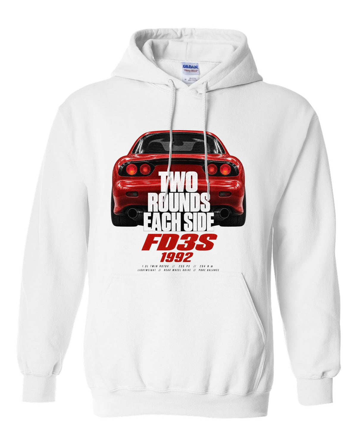Taillight macro print of a Mazda RX-7 FD3S with round lamps white pull over hoodie front view with the design