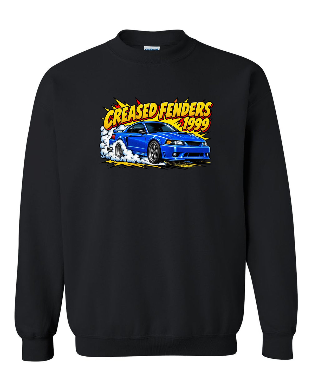 Comic halftone pop art 1999-2004 New Edge Ford Mustang coupe with burnout smoke black crewneck front view with the design