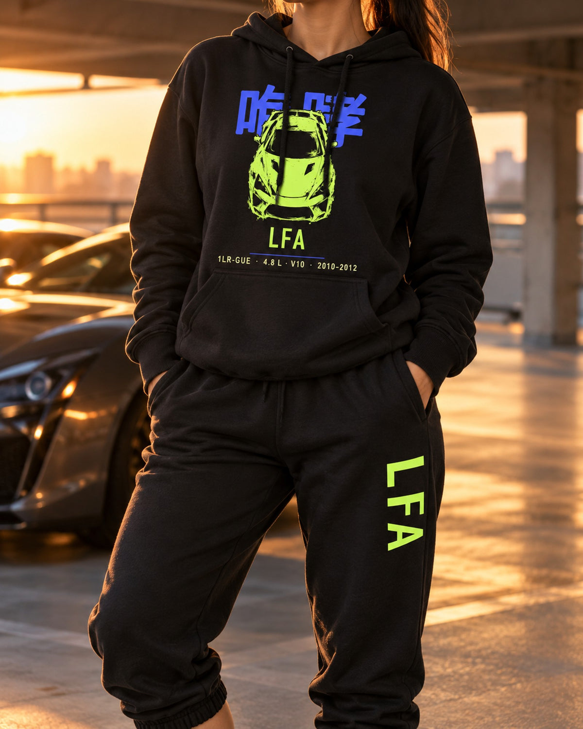 LFA Chassis Code Hoodie + Jogger Set Black worn hero