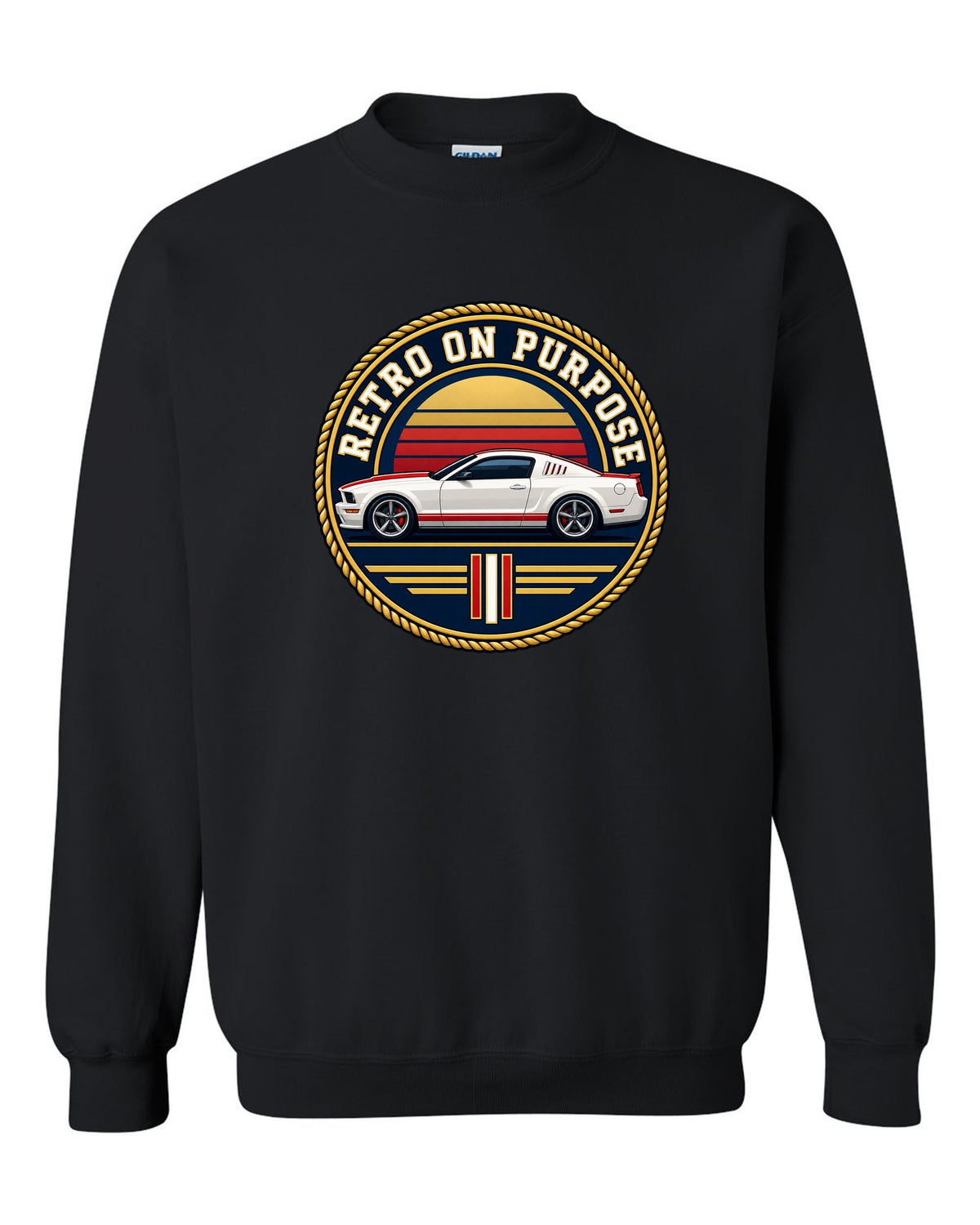 Varsity crest of a 2005-2014 S197 Ford Mustang fastback with Retro on purpose text black crewneck front view with the design