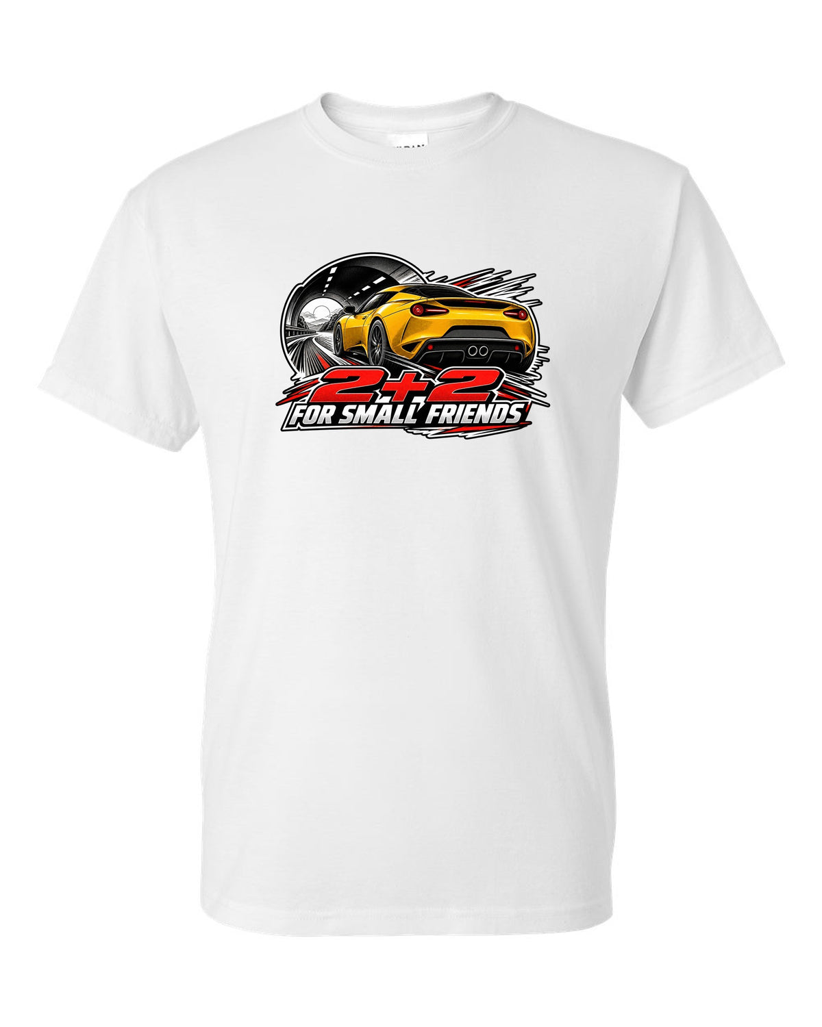 Lotus Evora rear view in retro manga halftone with 2+2 FOR SMALL FRIENDS lettering white t-shirt front view with the design