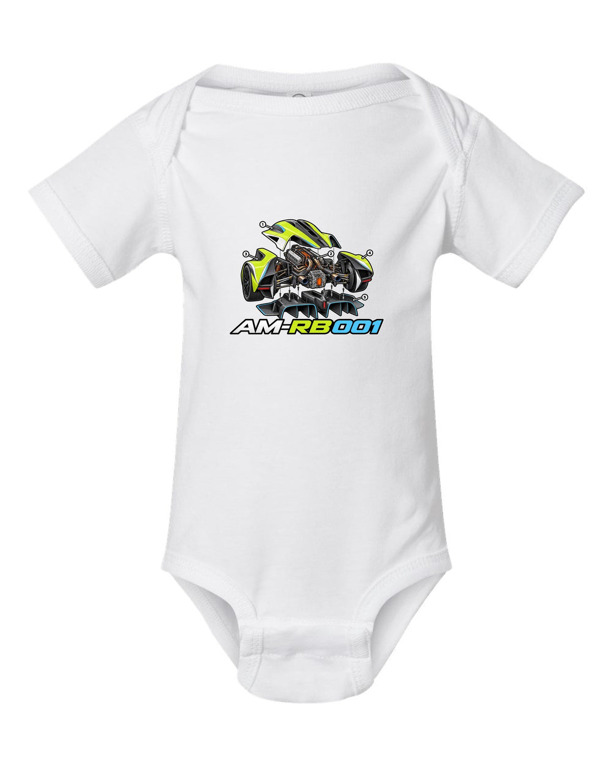 Aston Martin Valkyrie exploded isometric cutaway labelled AM-RB 001 white baby onesie front view with the design