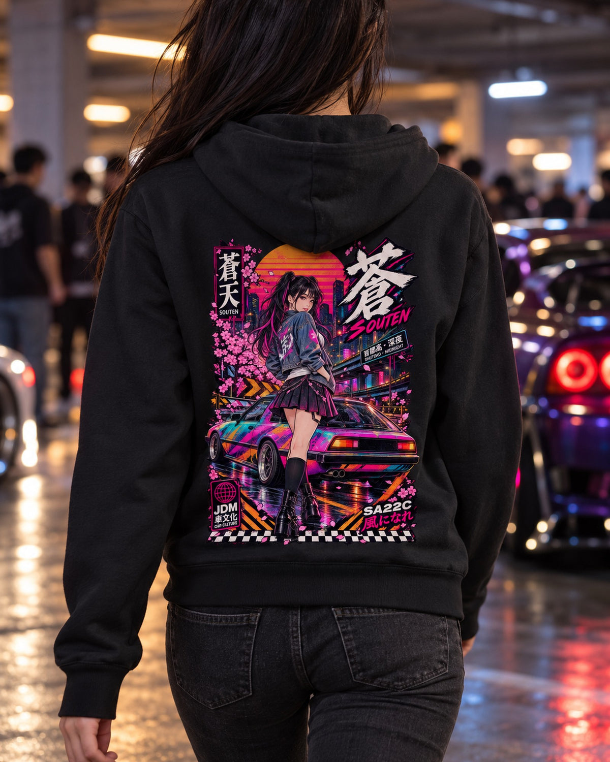 SOUTEN SA22C Anime Girl Full-Back Graphic Tee Zip Hoodie Black worn hero