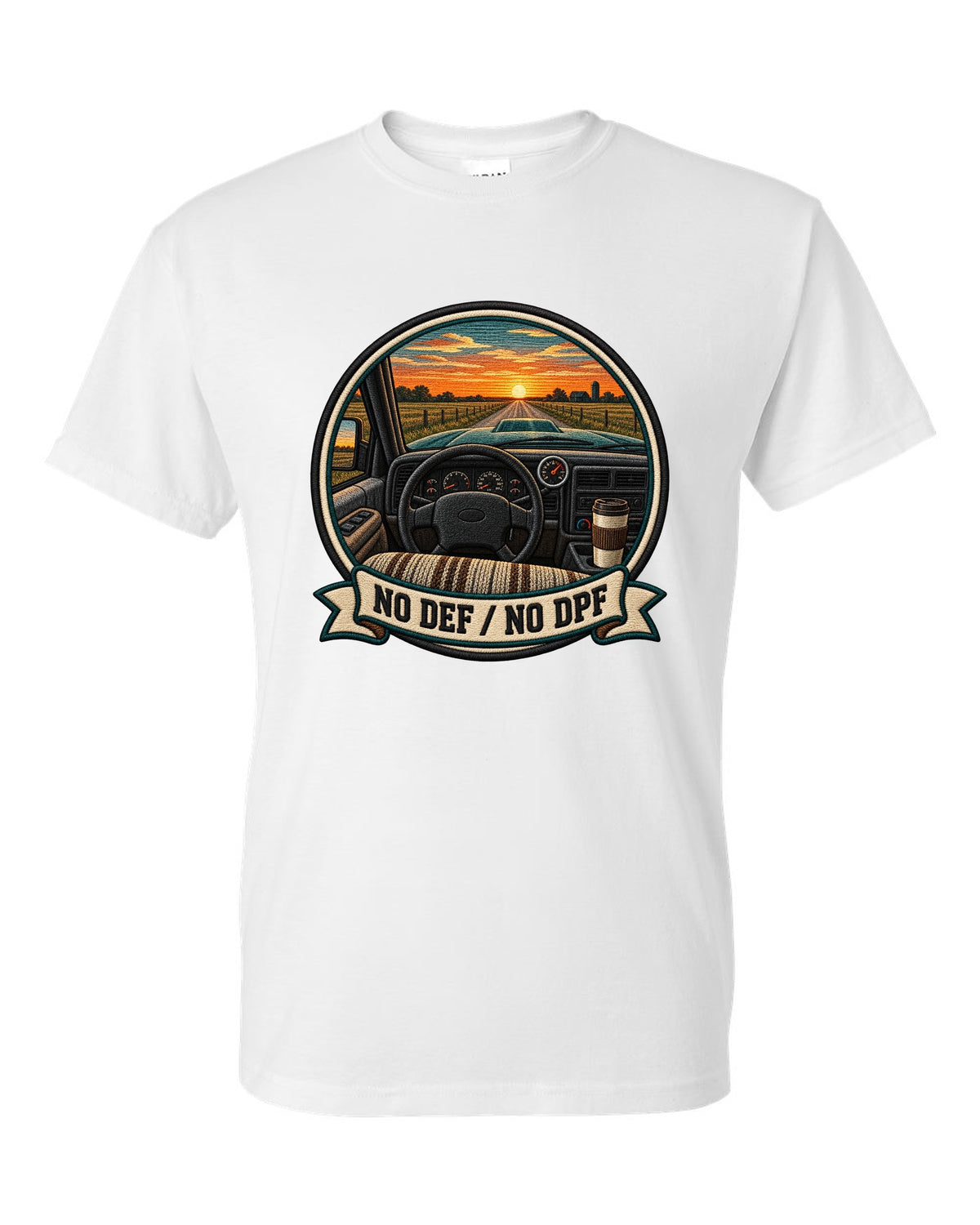 Varsity crest design of a 1998.5-2002 Dodge Ram 2nd gen 24V cab interior with the words No DEF No DPF white t-shirt front view with the design