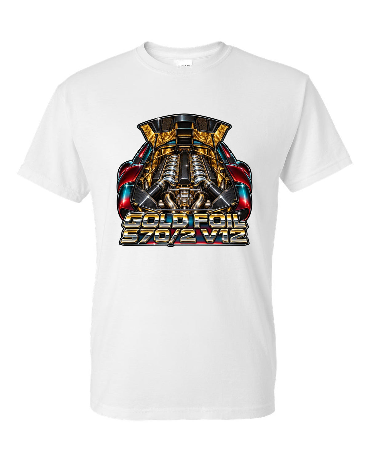 80s airbrush chrome print of the McLaren F1 gold foil engine bay with S70/2 V12 lettering white t-shirt front view with the design
