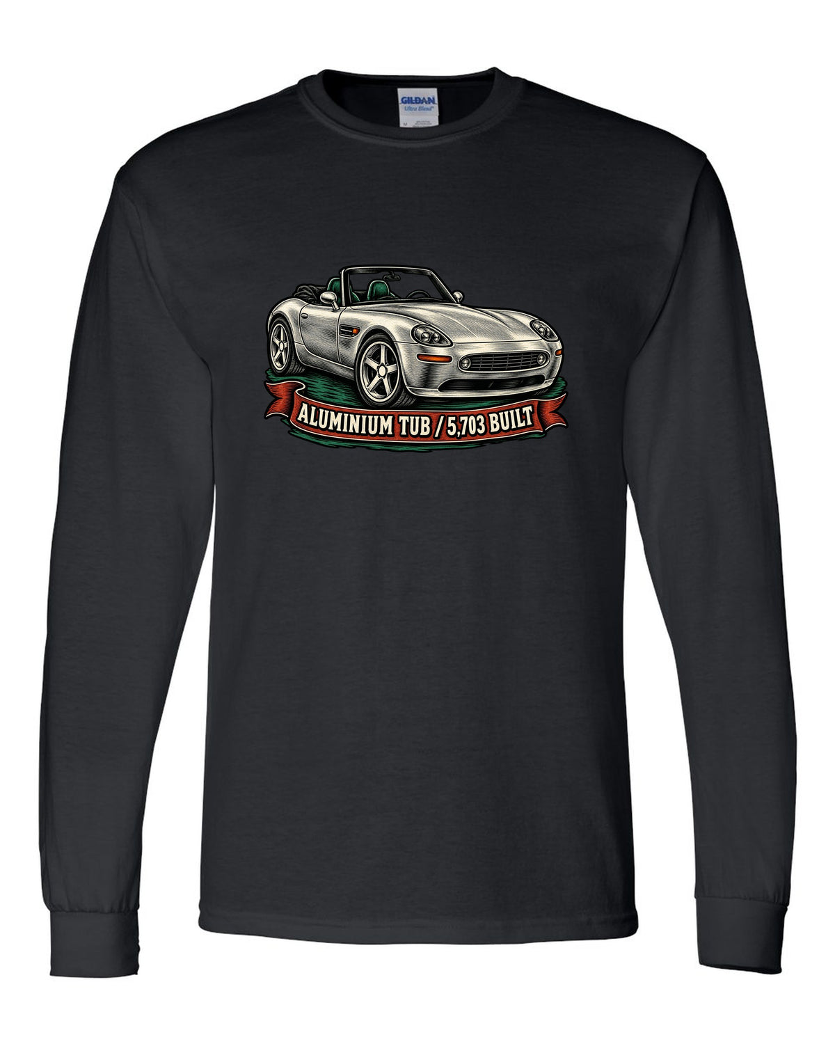 Woodcut linocut-style print of a BMW Z8 E52 roadster with 5,703 built text black long sleeve front view with the design