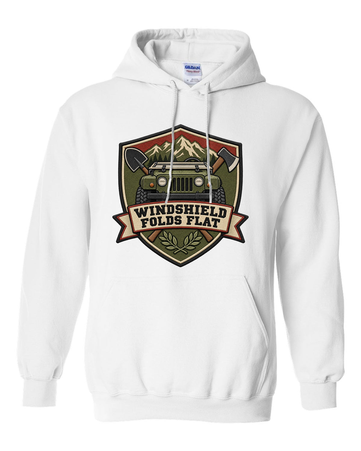 Jeep Wrangler JL embroidery shield crest design with windshield folds flat text white pull over hoodie front view with the design