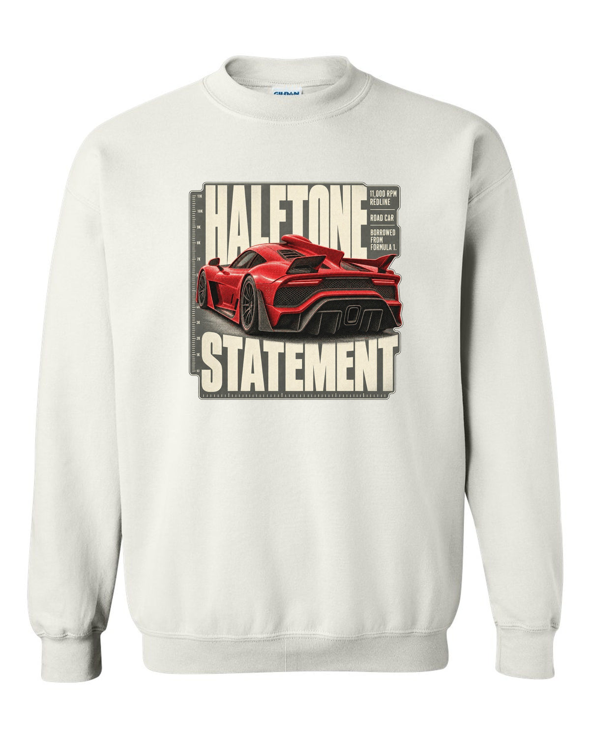 Mercedes-AMG One halftone design of the shark-fin airscoop white crewneck front view with the design