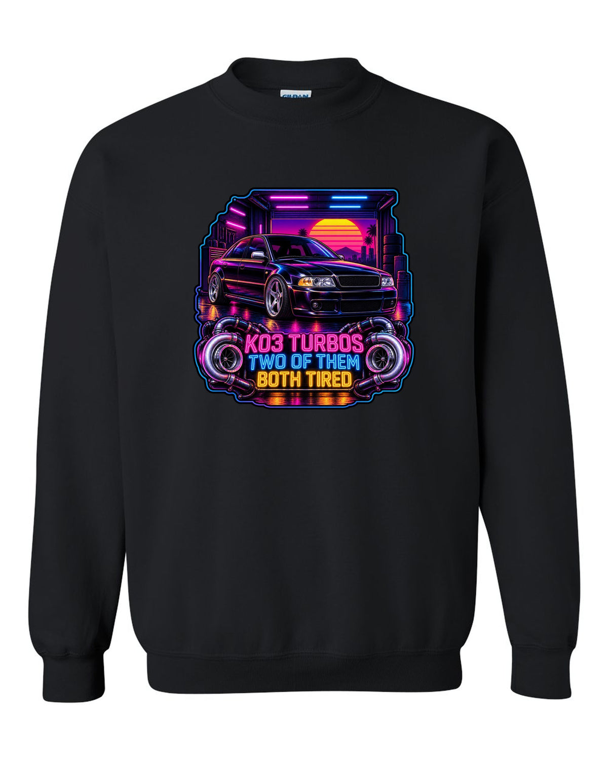 Synthwave print of an Audi S4 B5 sedan with K03 turbos text black crewneck front view with the design