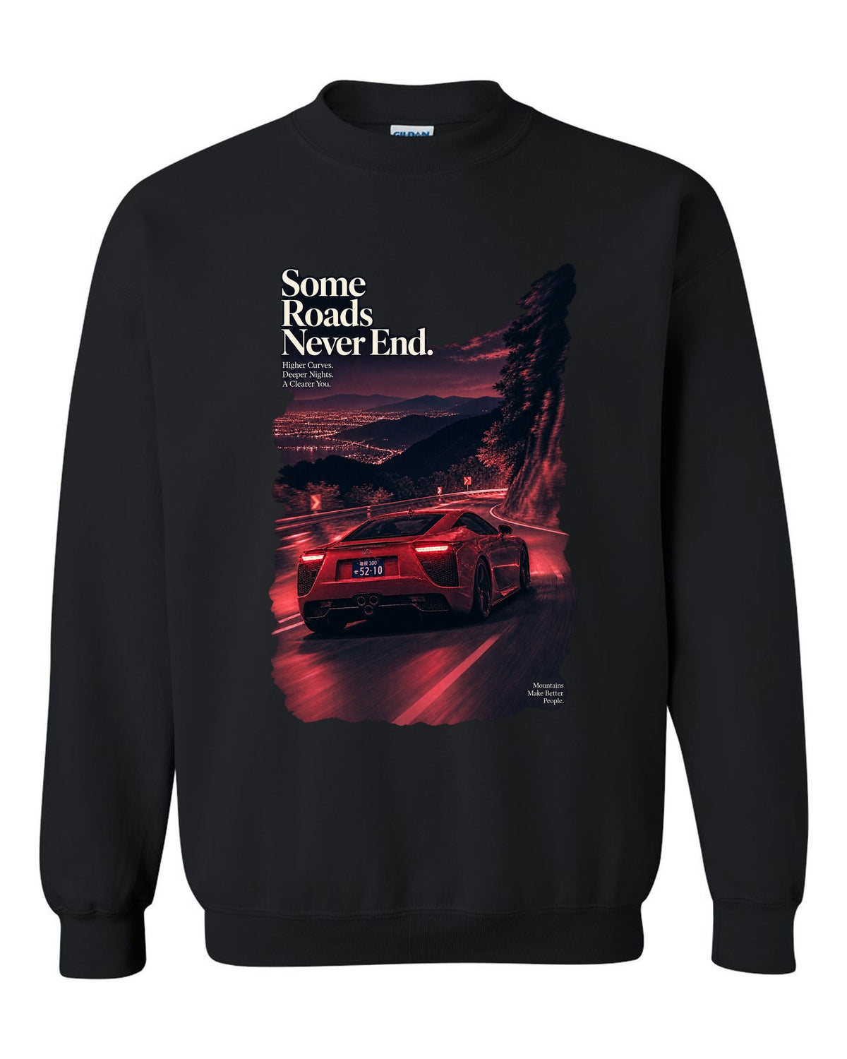 Night touge scene with the Lexus LFA in magenta-red monochrome black crewneck front view with the design