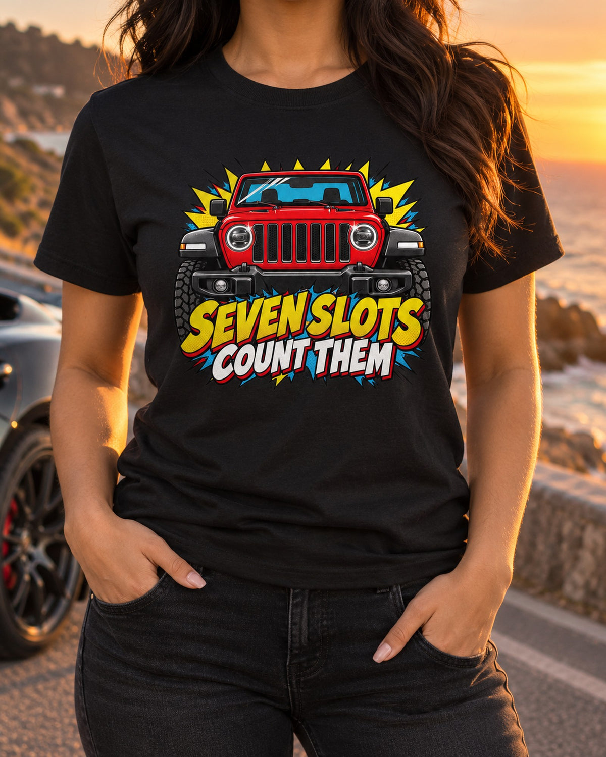Jeep JL Seven Slot Pop Art Tee, Wrangler Car Guy Gift T-Shirt Black worn hero