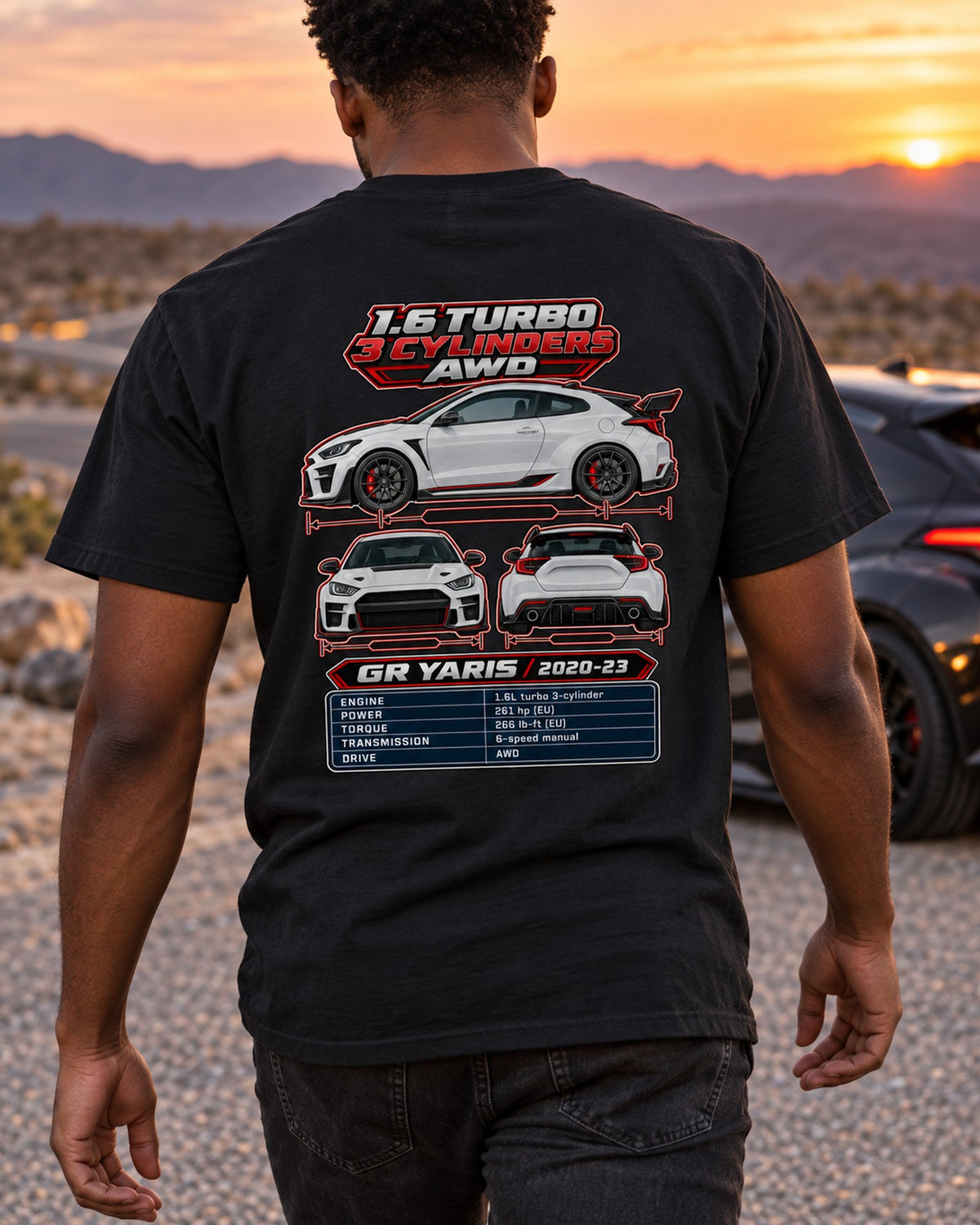 Toyota GR Yaris Spec Sheet Full-Back Graphic Tee T-Shirt Black worn hero
