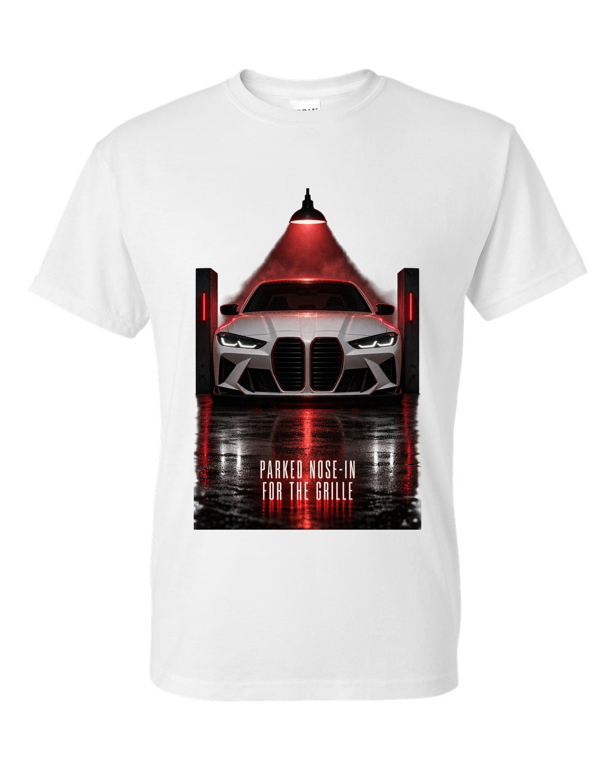 BMW G80 M3 garage night print with parked nose-in for the grille text white t-shirt front view with the design