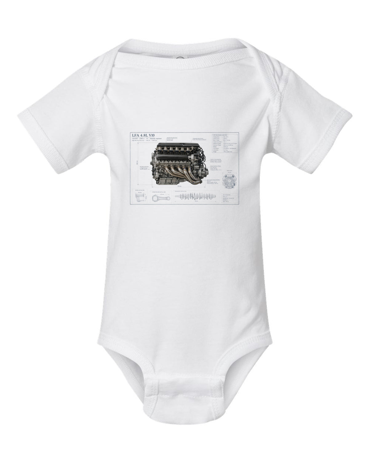 Aero cutaway callouts on the Lexus LFA Nurburgring Package white baby onesie front view with the design