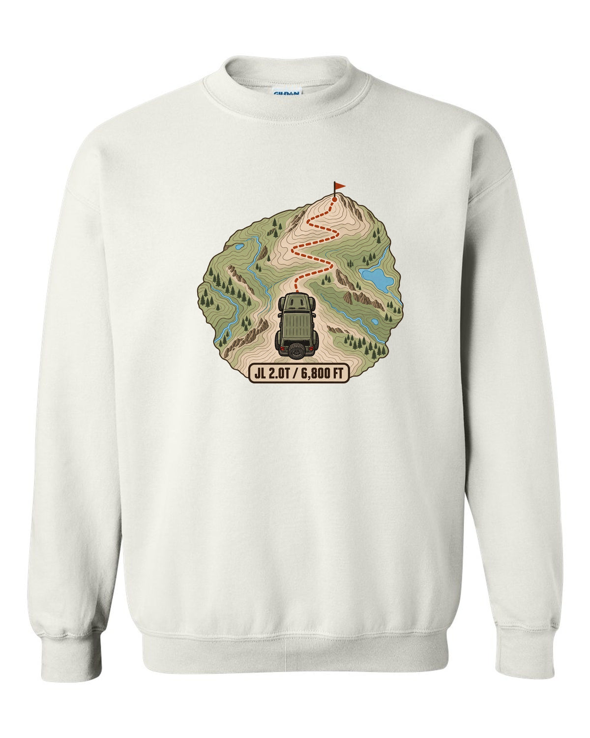 Jeep Wrangler JL 2.0T topographic contour map design with route line and 6,800 ft text white crewneck front view with the design