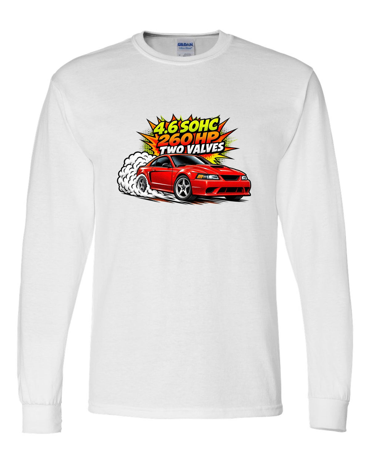 Comic halftone pop-art print of a 1999-2004 Ford Mustang SN95 New Edge burnout white long sleeve front view with the design