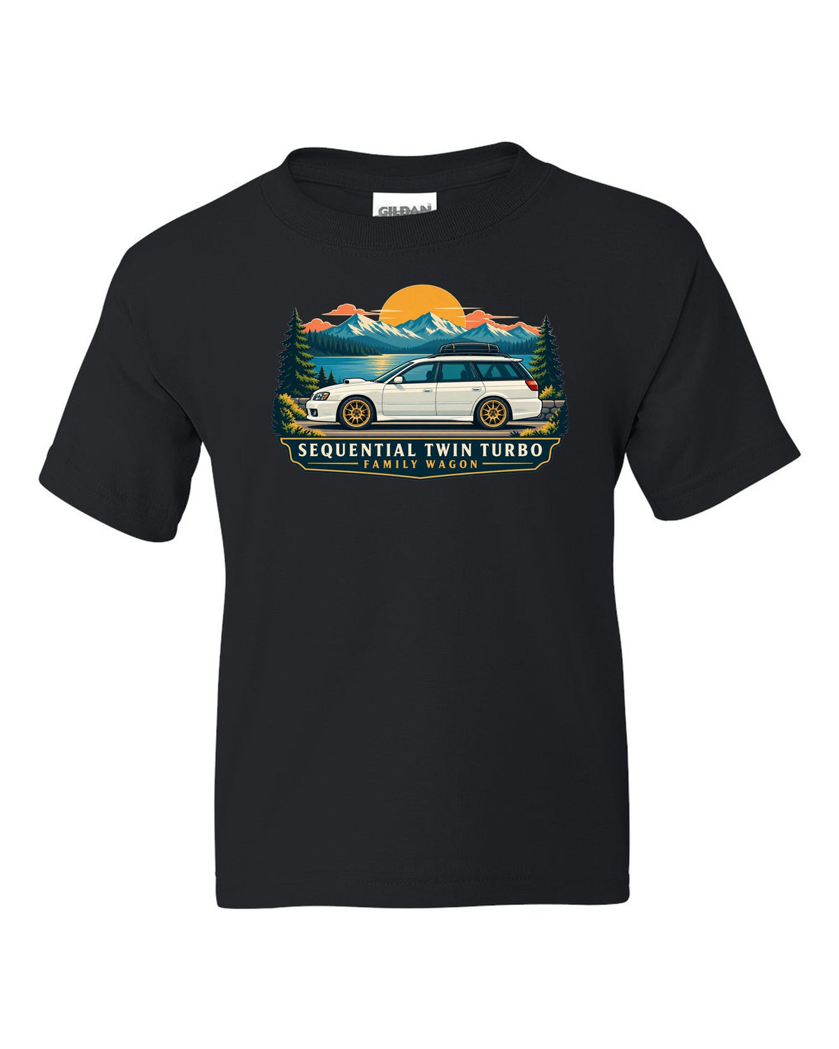 Subaru Legacy BC5 RS as a linocut, 100,000 KM / AT 223 KM/H black kids tee front view with the design