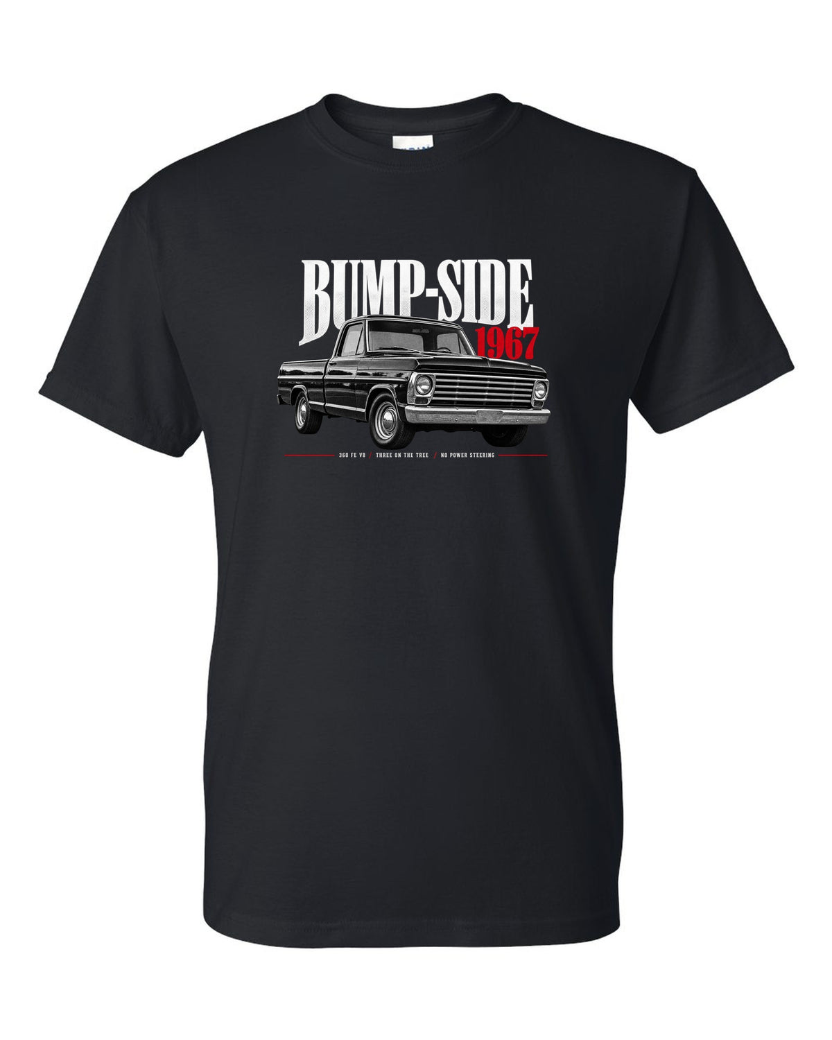 Ford F-Series Bump-Side 1967 360 FE V8 Editorial Graphic Tee black t-shirt front view with the design