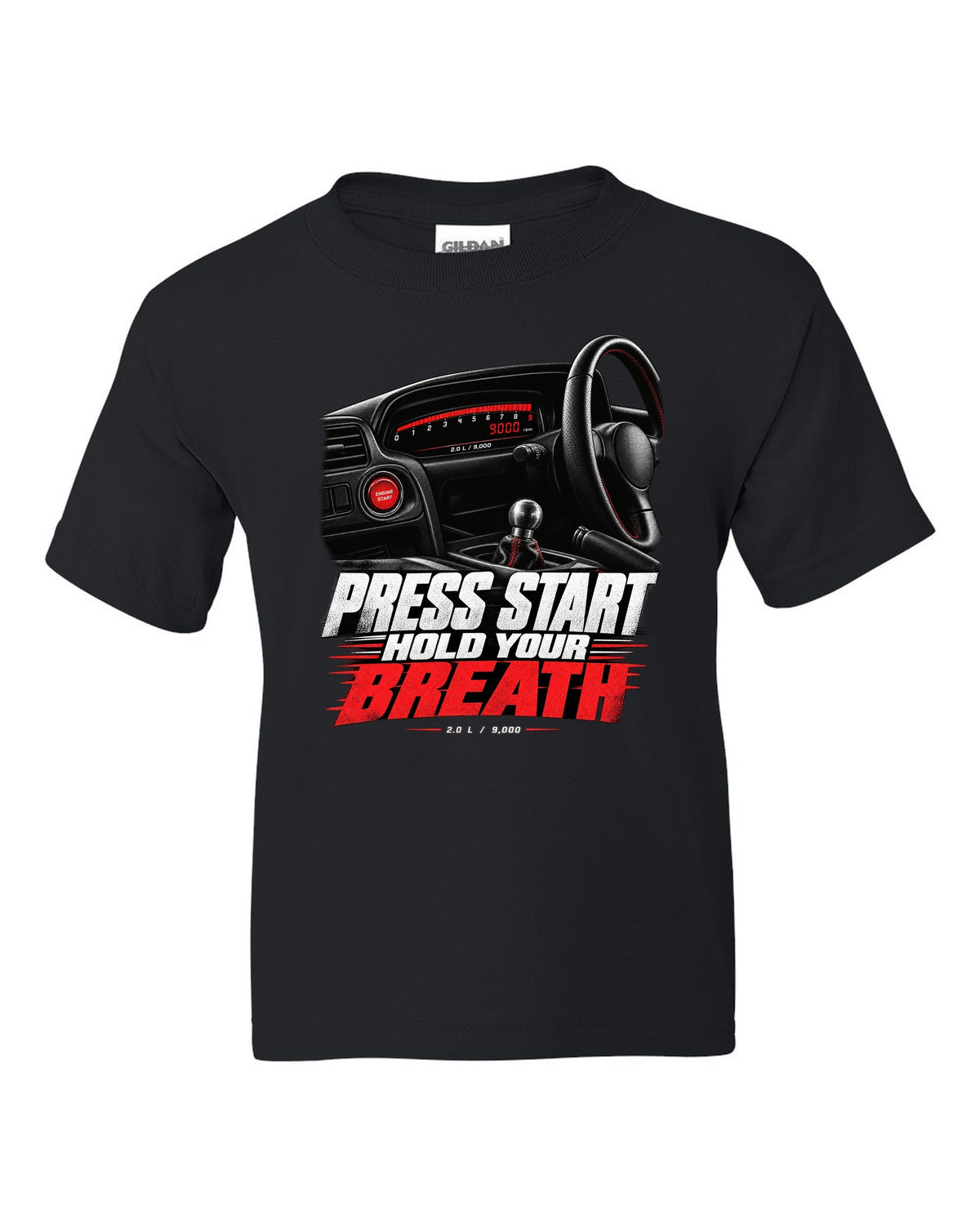 Honda S2000 AP1 roadster cockpit gauge design with press start text black kids tee front view with the design