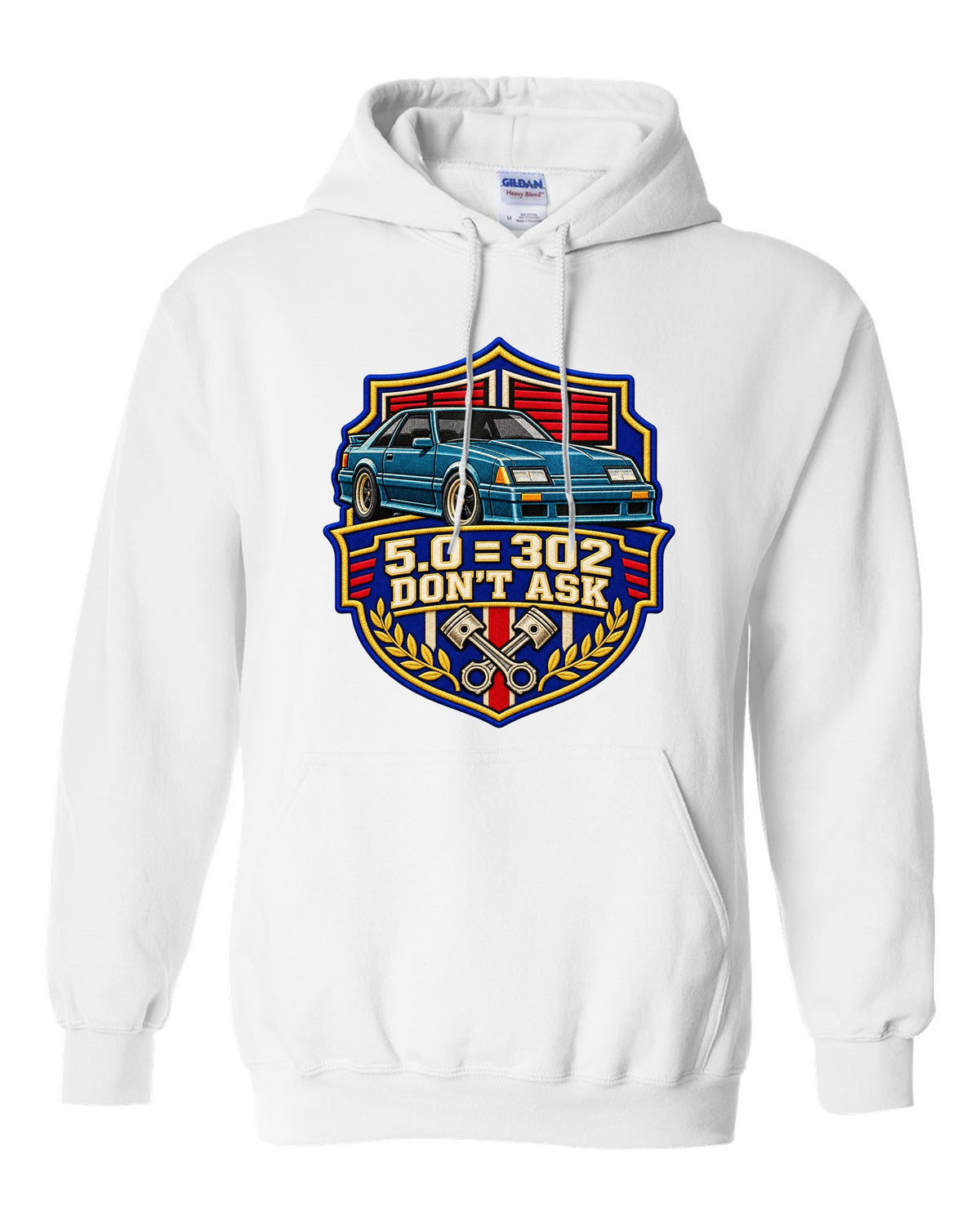 Embroidery-style varsity drag crest print for a Ford Mustang Fox Body chback white pull over hoodie front view with the design