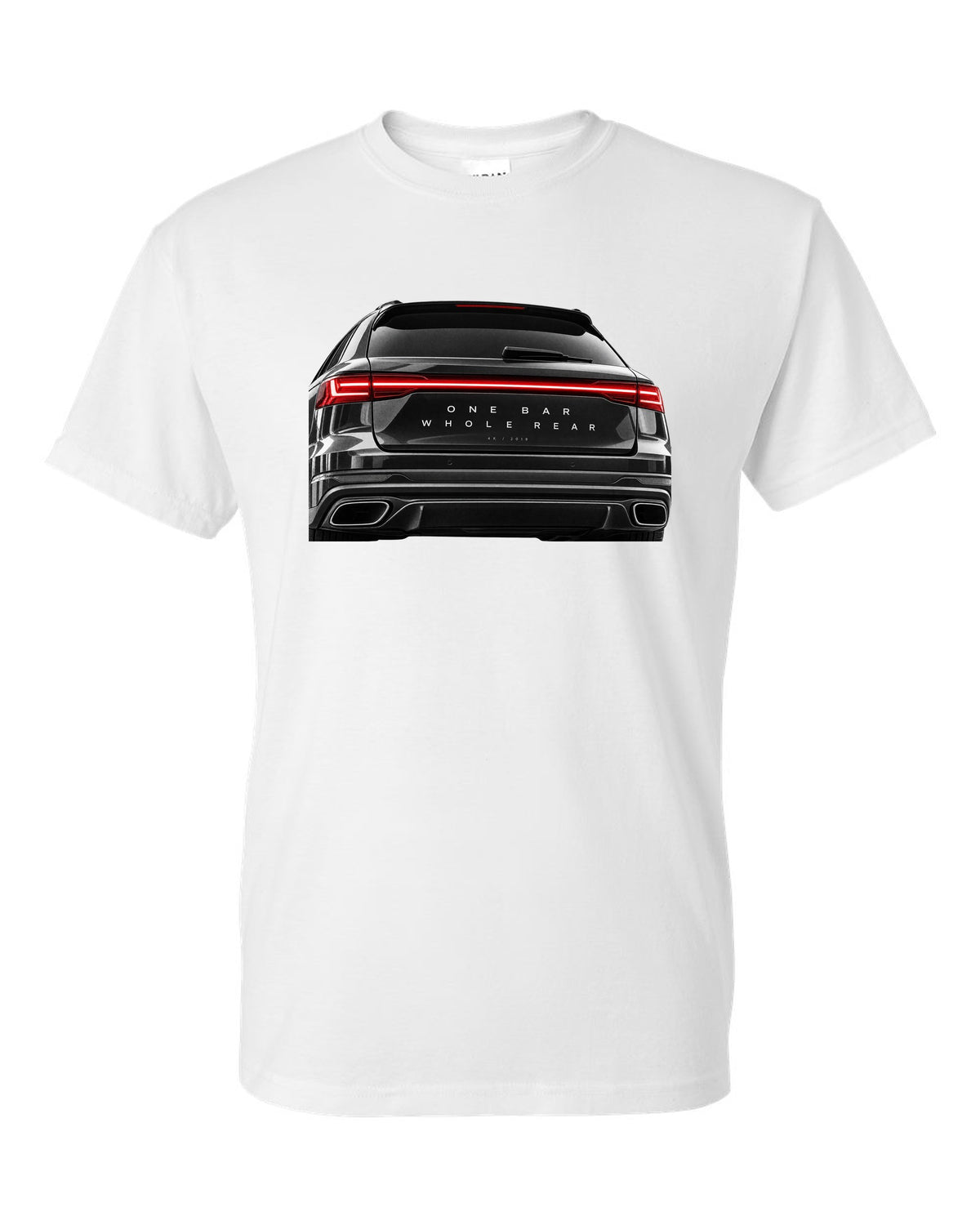 Taillight macro print of the Audi RS6 Avant C8 rear light bar white t-shirt front view with the design