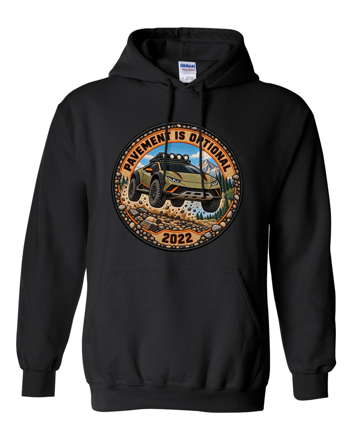 Embroidery-style round crest of a Lamborghini Huracan Sterrato LP610-4 with text PAVEMENT IS OPTIONAL / 2022 black pull over hoodie front view with the design