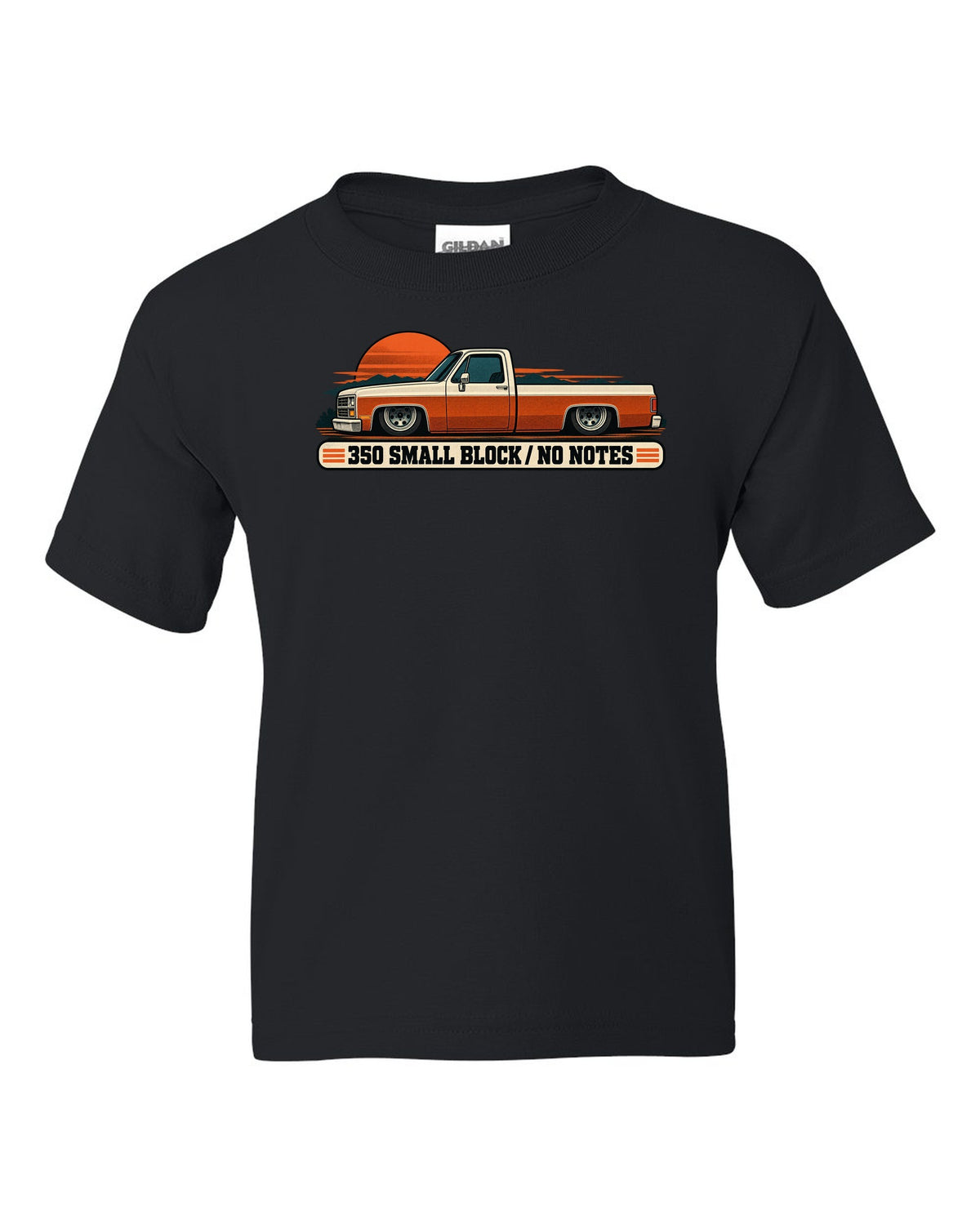 Retro two-colour halftone print of a dropped Chevrolet C10 Squarebody at dusk with 350 small block text black kids tee front view with the design