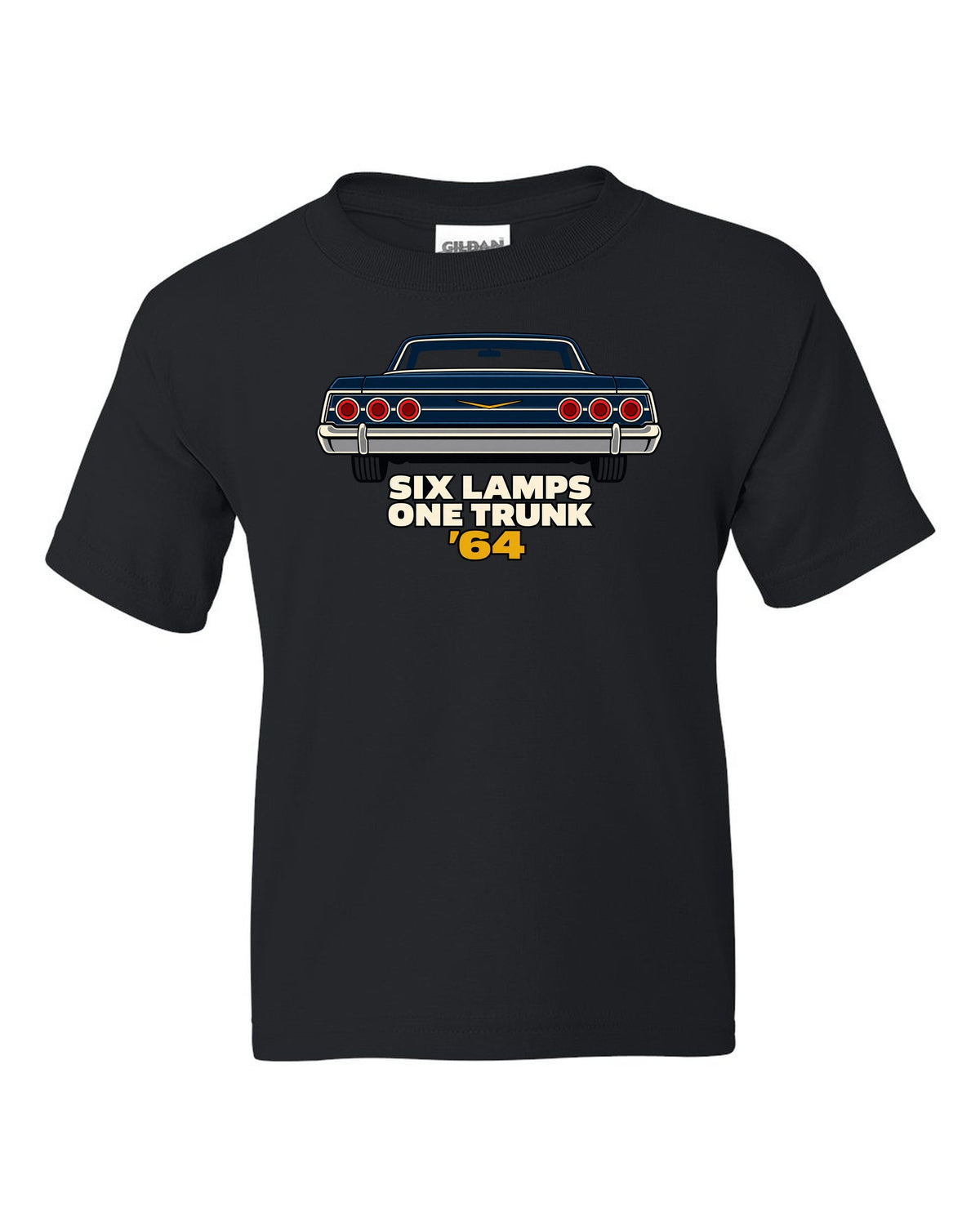 1964 Chevrolet Impala rear in minimal geometric vector style with text Six Lamps One Trunk '64 black kids tee front view with the design