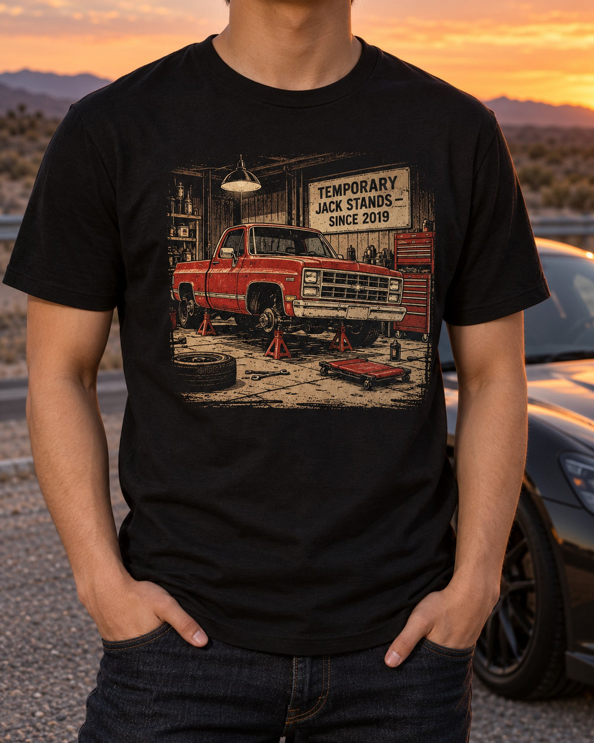 Chevrolet C10 Squarebody Stepside Linocut Shirt, Jack Stands Joke T-Shirt Black worn hero