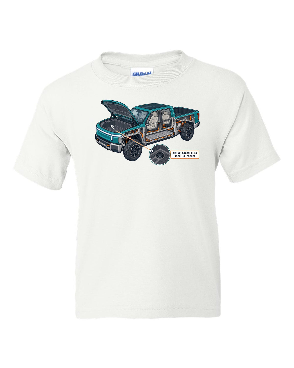 Ford F-150 Lightning isometric cutaway print showing the frunk drain plug white kids tee front view with the design