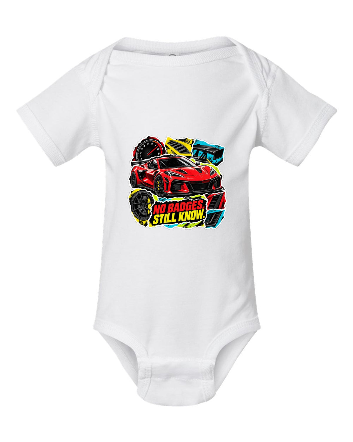Sticker-bomb collage print of a 2025 Chevrolet Corvette C8 ZR1 with fender vents and rear wing white baby onesie front view with the design