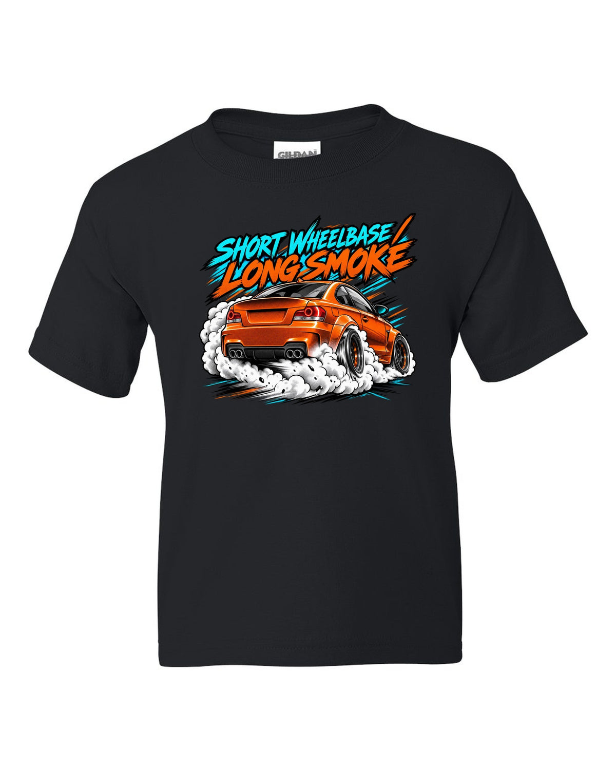 Retro manga halftone panel print of a BMW 1 Series M Coupe E82 burnout black kids tee front view with the design