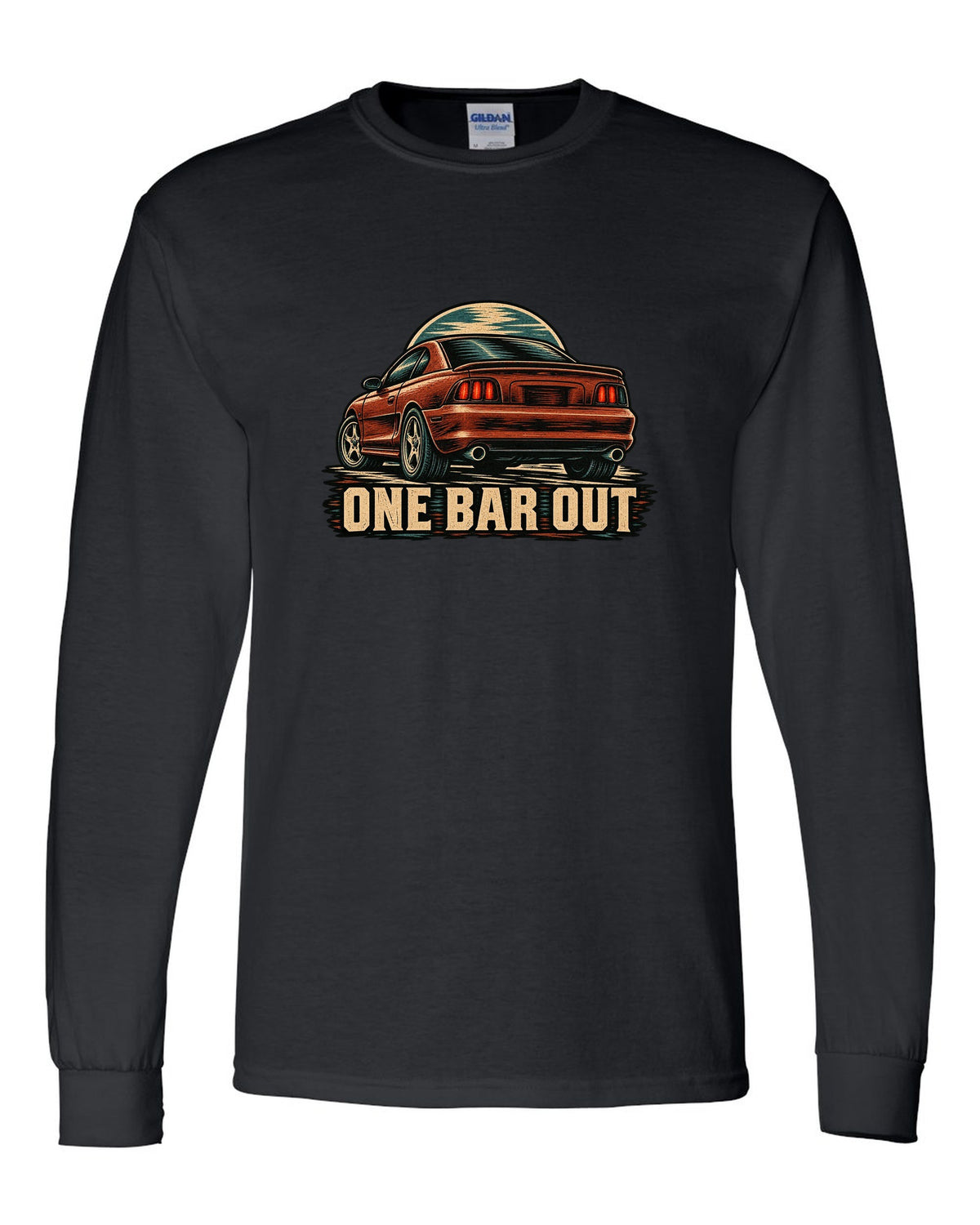 Linocut woodcut print of a 1994-98 SN95 Mustang coupe with One Bar Out text black long sleeve front view with the design
