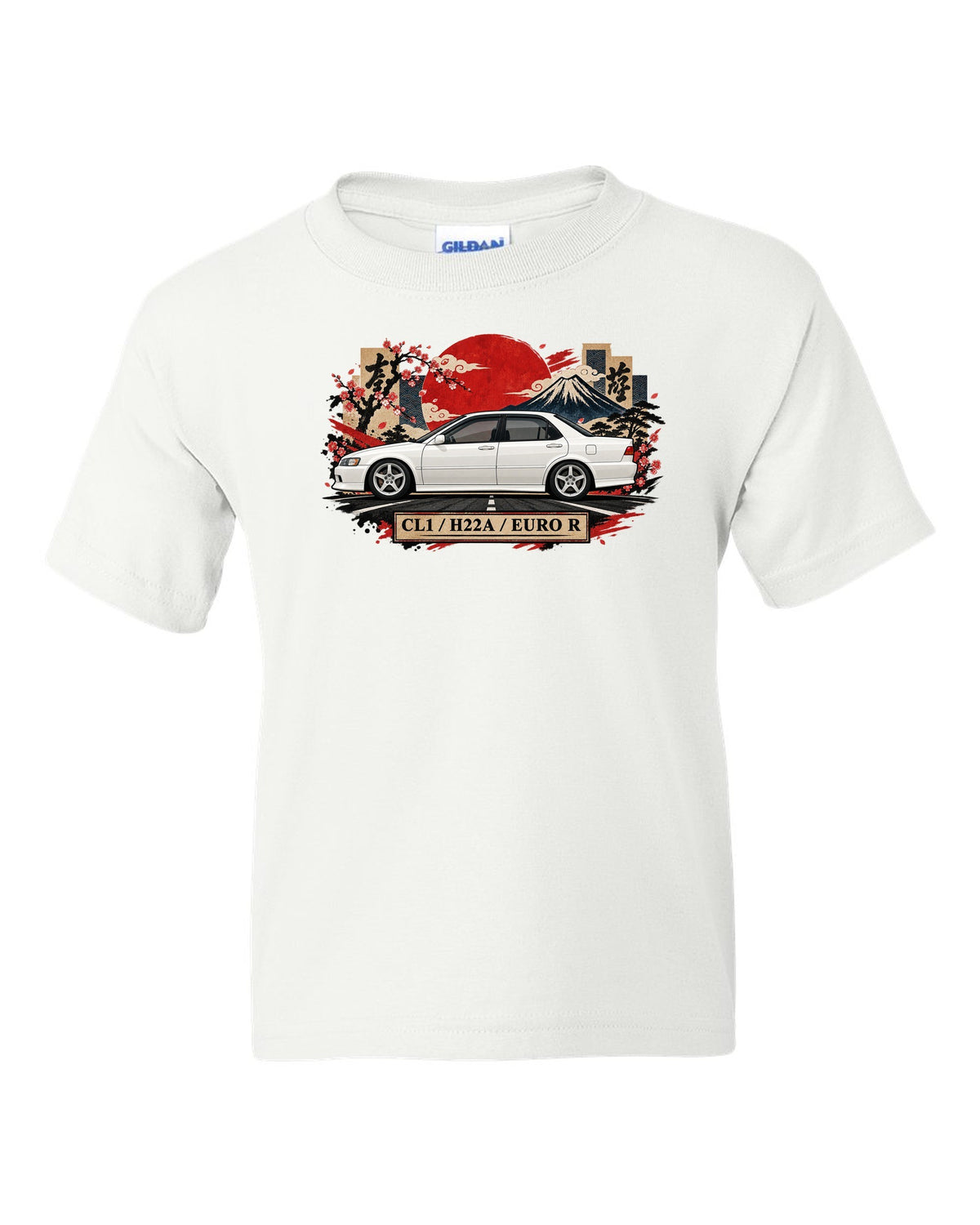 Japanese kanji plate collage print for the Honda Accord Euro R CL1 with H22A text white kids tee front view with the design