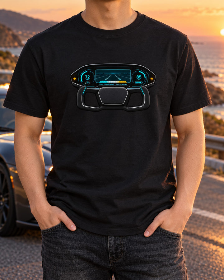 Tesla Model S Plaid Yoke Gauge HUD Shirt, Funny EV Owner Gift T-Shirt Black worn hero