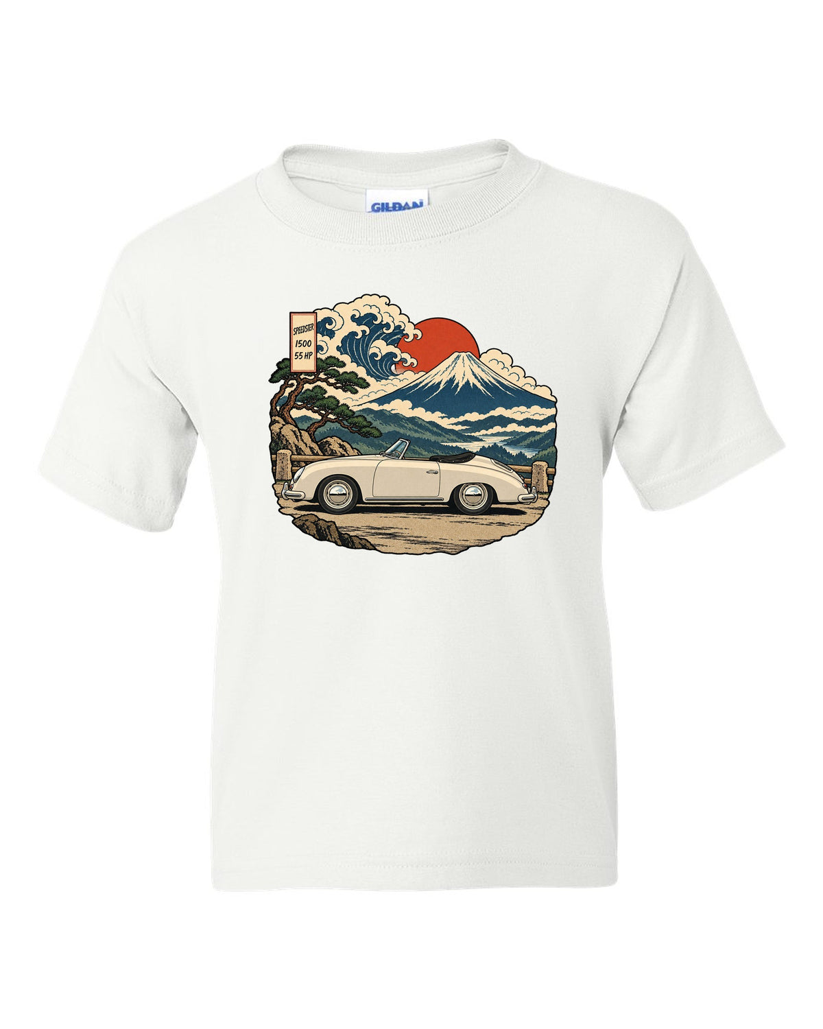Ukiyo-e woodblock style Porsche 356 Pre-A Speedster on a mountain pass white kids tee front view with the design