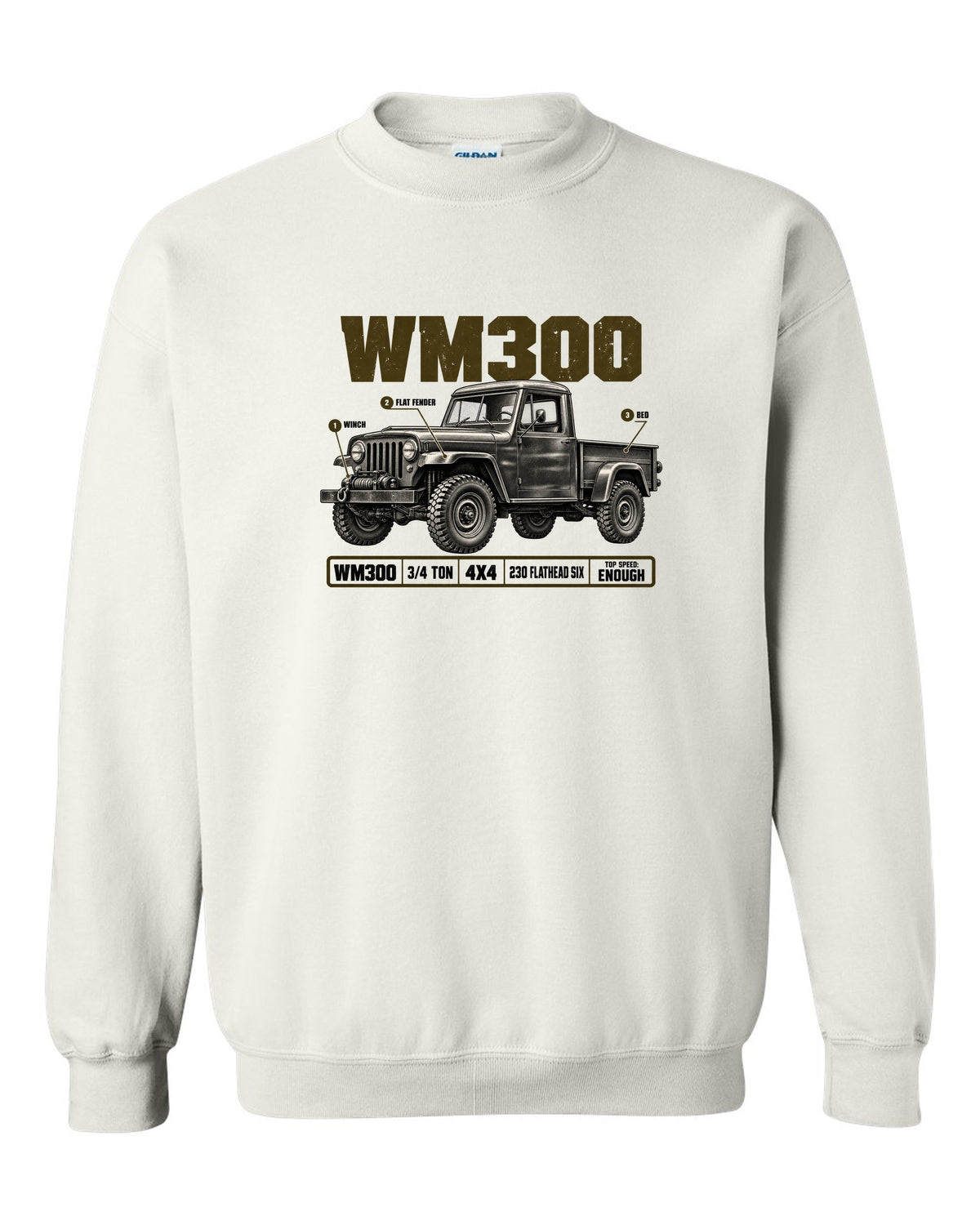 Spec poster print of a 1960-1971 Dodge Power Wagon WM300 flat fender truck white crewneck front view with the design