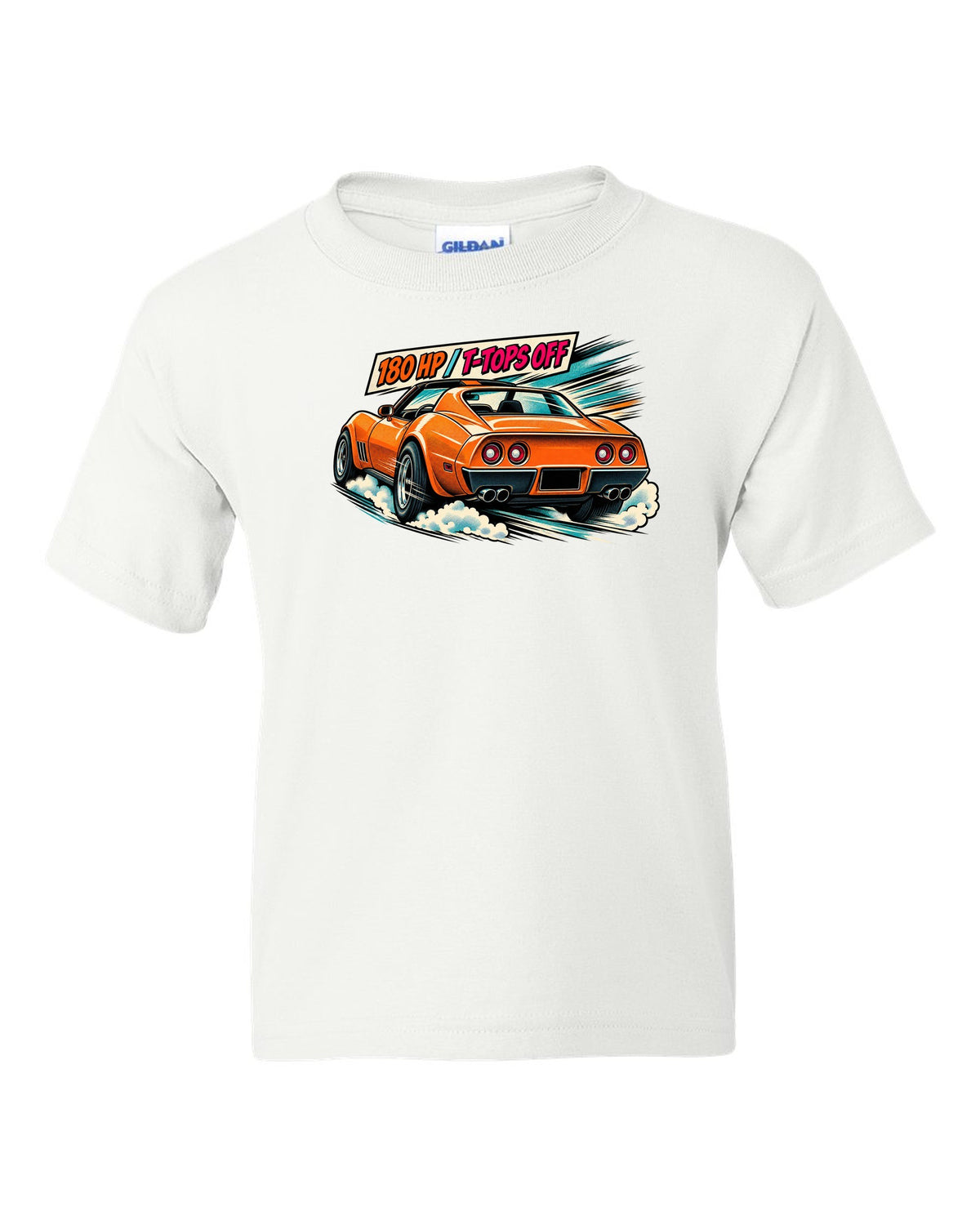 Retro manga halftone panel print of 1977 Chevrolet Corvette C3 Stingray taillights with 180 HP T-Tops Off text white kids tee front view with the design