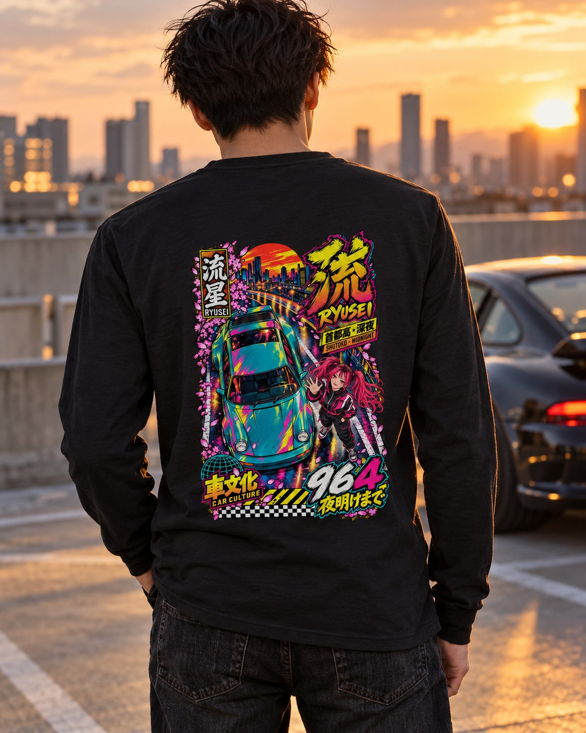 RYUSEI 964 Anime Girl Full-Back Graphic Tee Long Sleeve Black worn hero