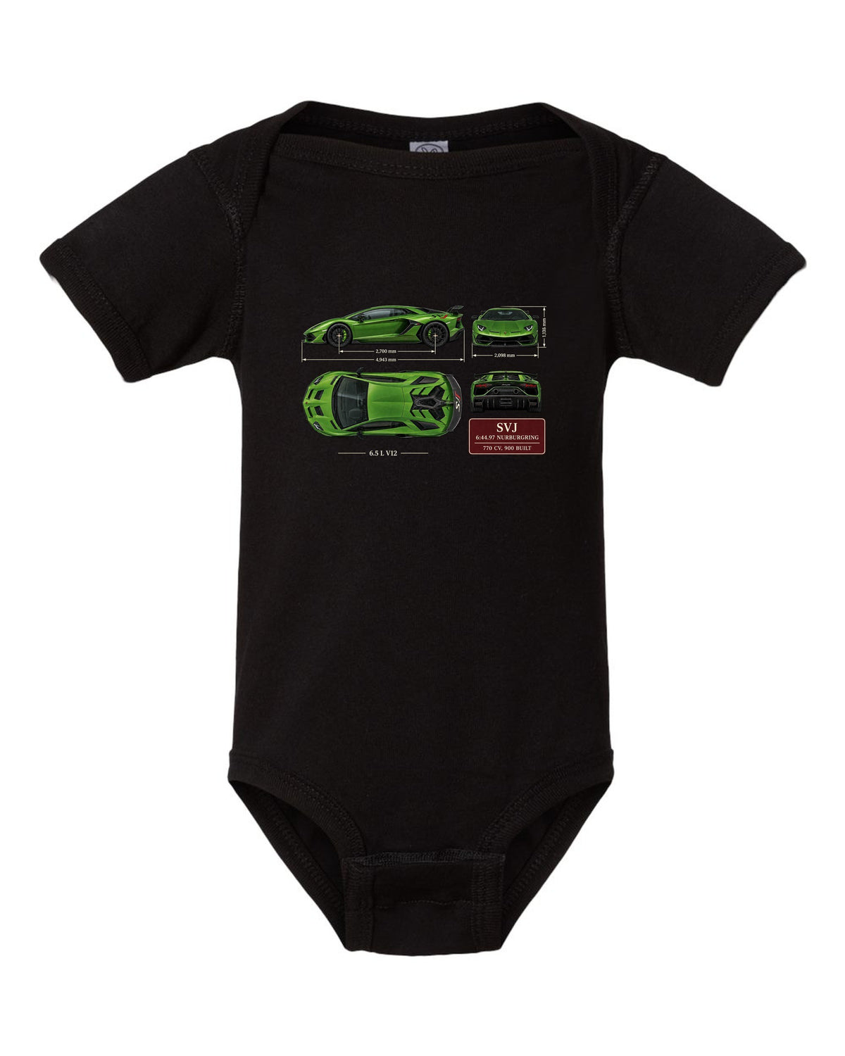 Dimension blueprint print of the Lamborghini Aventador SVJ with Nurburgring lap time black baby onesie front view with the design