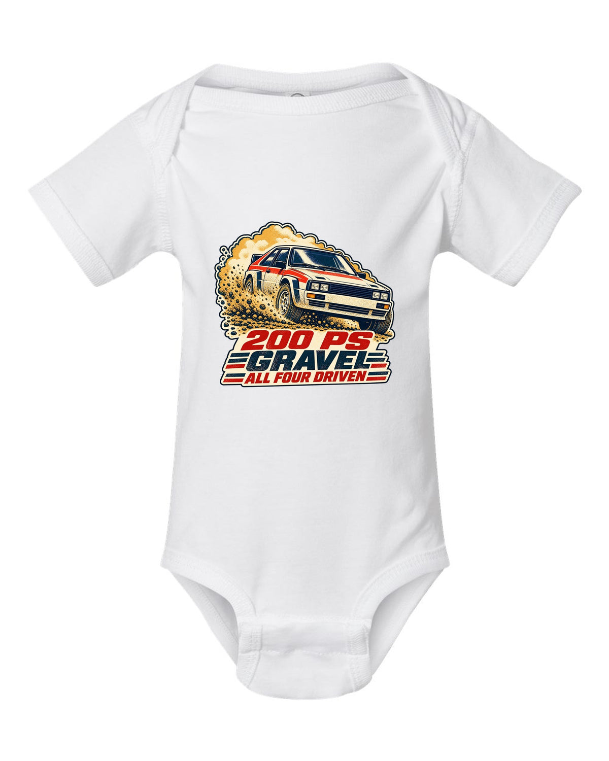 Vintage rally poster screenprint print of an Audi Ur-Quattro Type 85 on gravel white baby onesie front view with the design