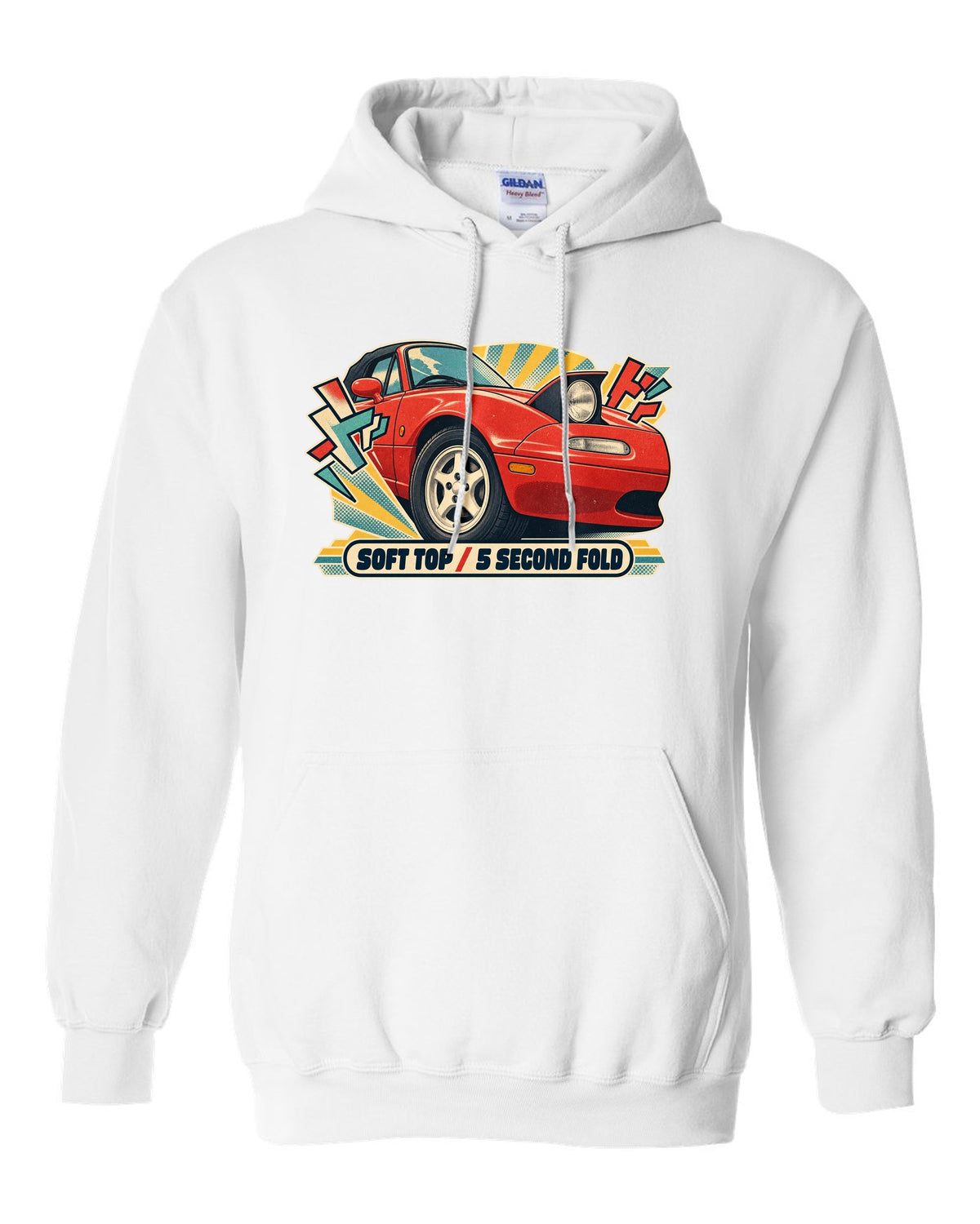 HUD style gauge cluster of a Mazda MX-5 NB with 7K redline text white pull over hoodie front view with the design