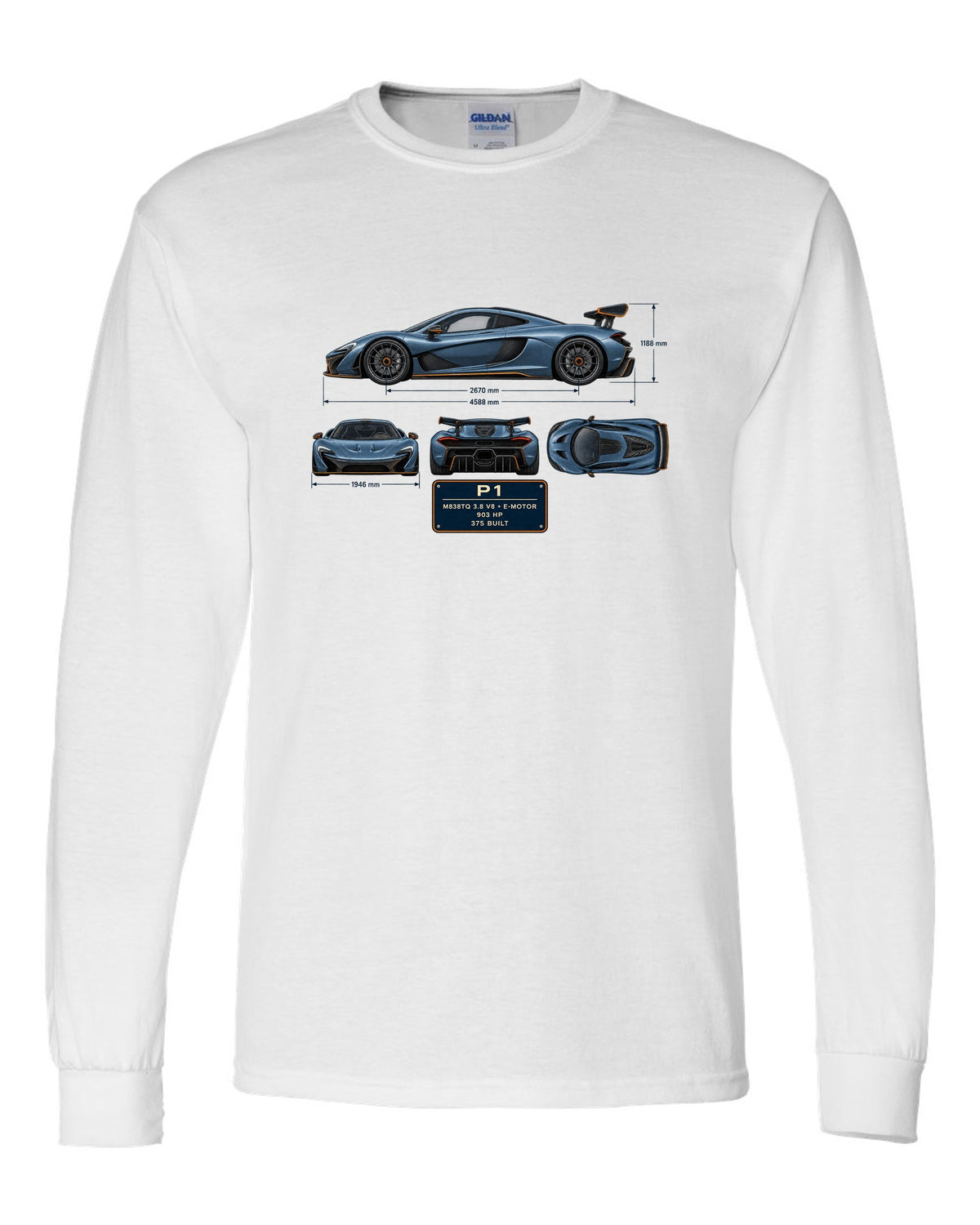 Steel blue dimension blueprint print of a McLaren P1, M838TQ V8 plus e-motor white long sleeve front view with the design