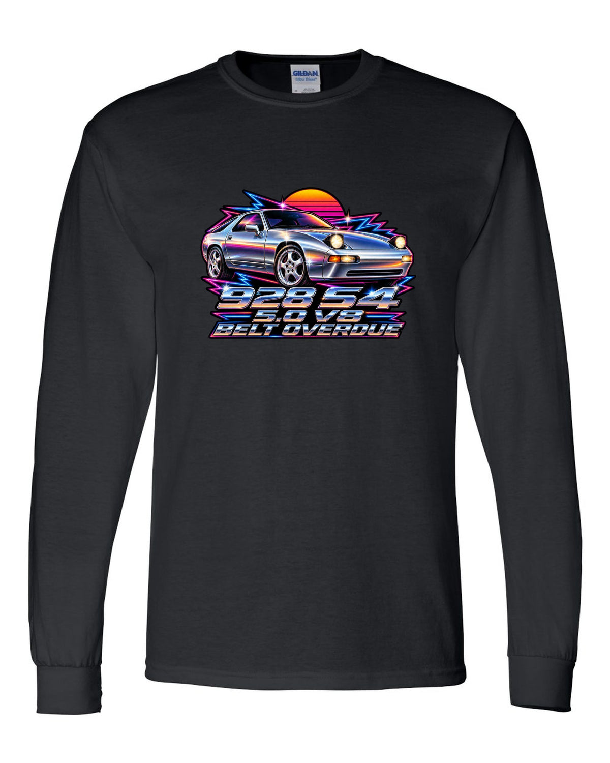 Porsche 928 S4 80s airbrush chrome design with pop-up headlights black long sleeve front view with the design