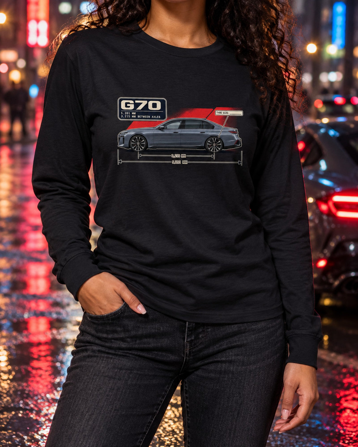 BMW i7 M70 xDrive G70 Dimension Blueprint Shirt Long Sleeve Black worn hero