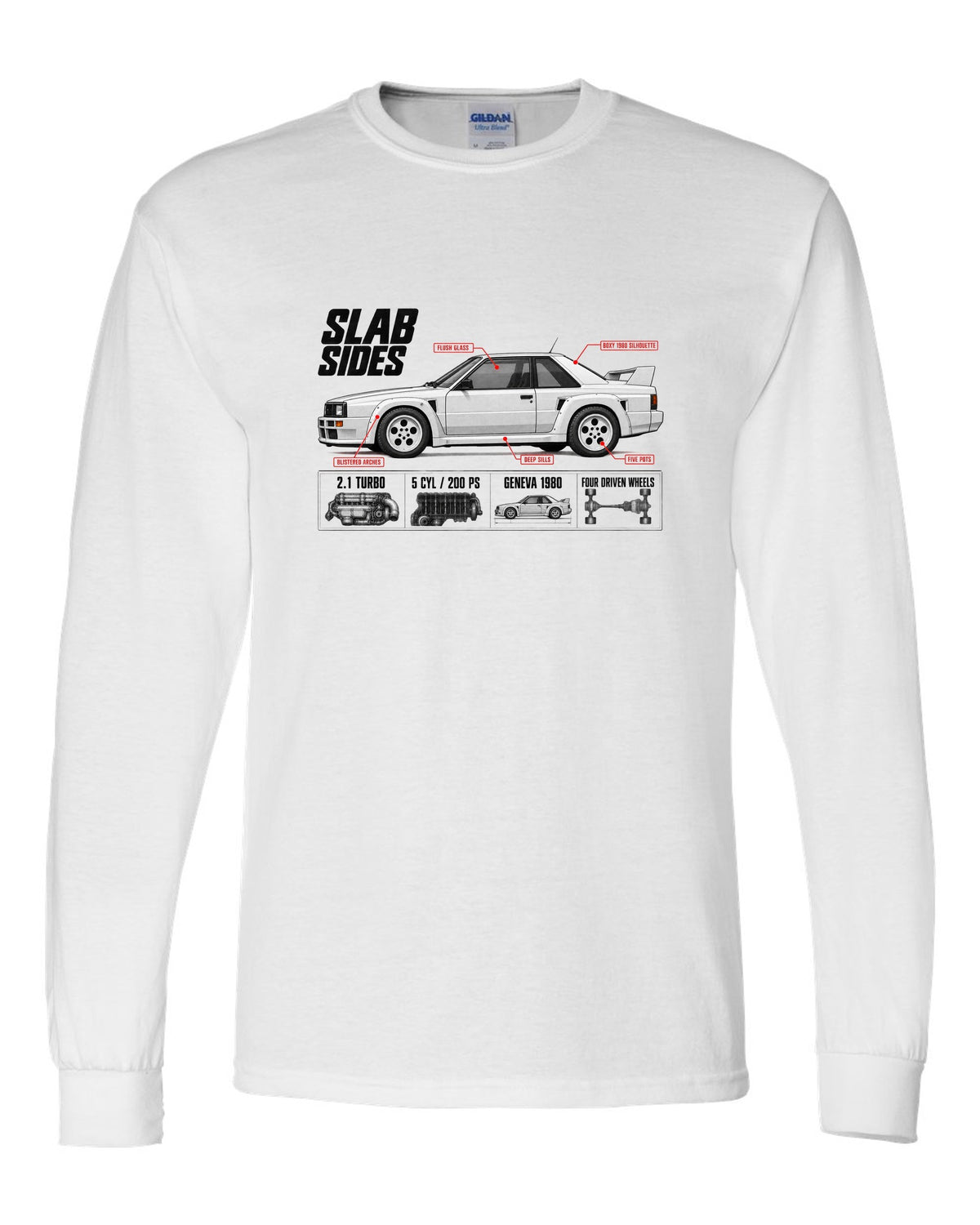 Audi Ur-Quattro Type 85 Slab Sides Spec Poster white long sleeve front view with the design