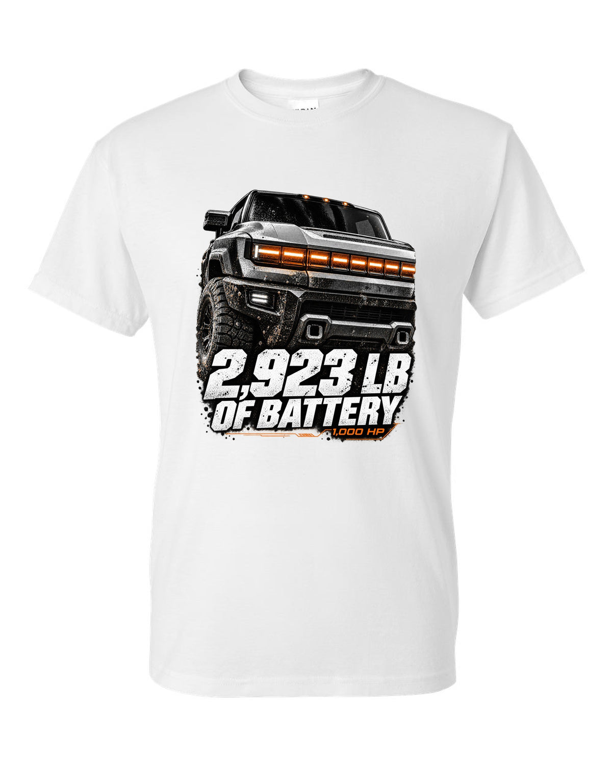 GMC Hummer EV pickup lit front panel macro with battery weight text white t-shirt front view with the design