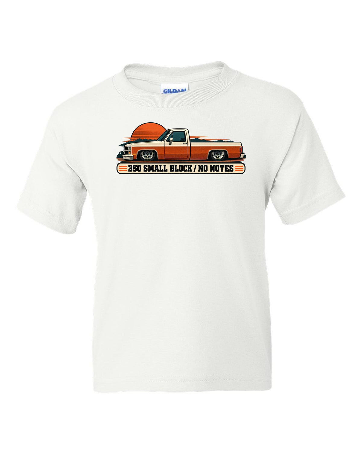 Retro two-colour halftone print of a dropped Chevrolet C10 Squarebody at dusk with 350 small block text white kids tee front view with the design