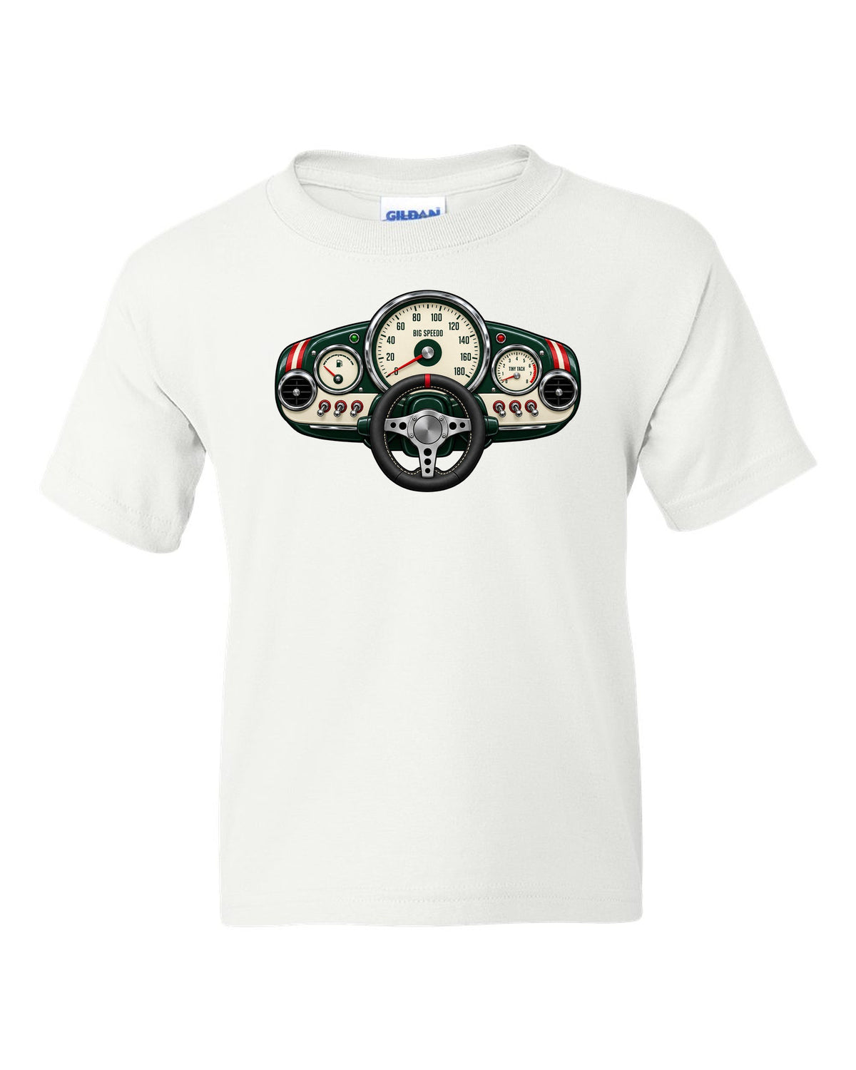 Gauge-cluster print for the Mini Cooper S R53 with big speedo and tiny tach lettering white kids tee front view with the design